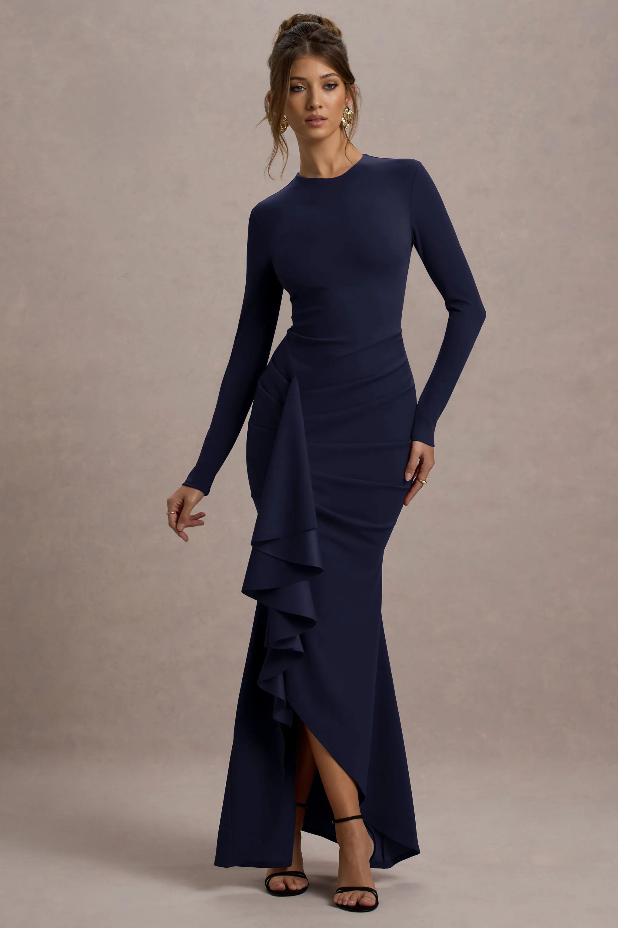 Alayna | Navy Long-Sleeve Maxi Dress With Ruffled Split sold by Club L London product image thumbnail 5