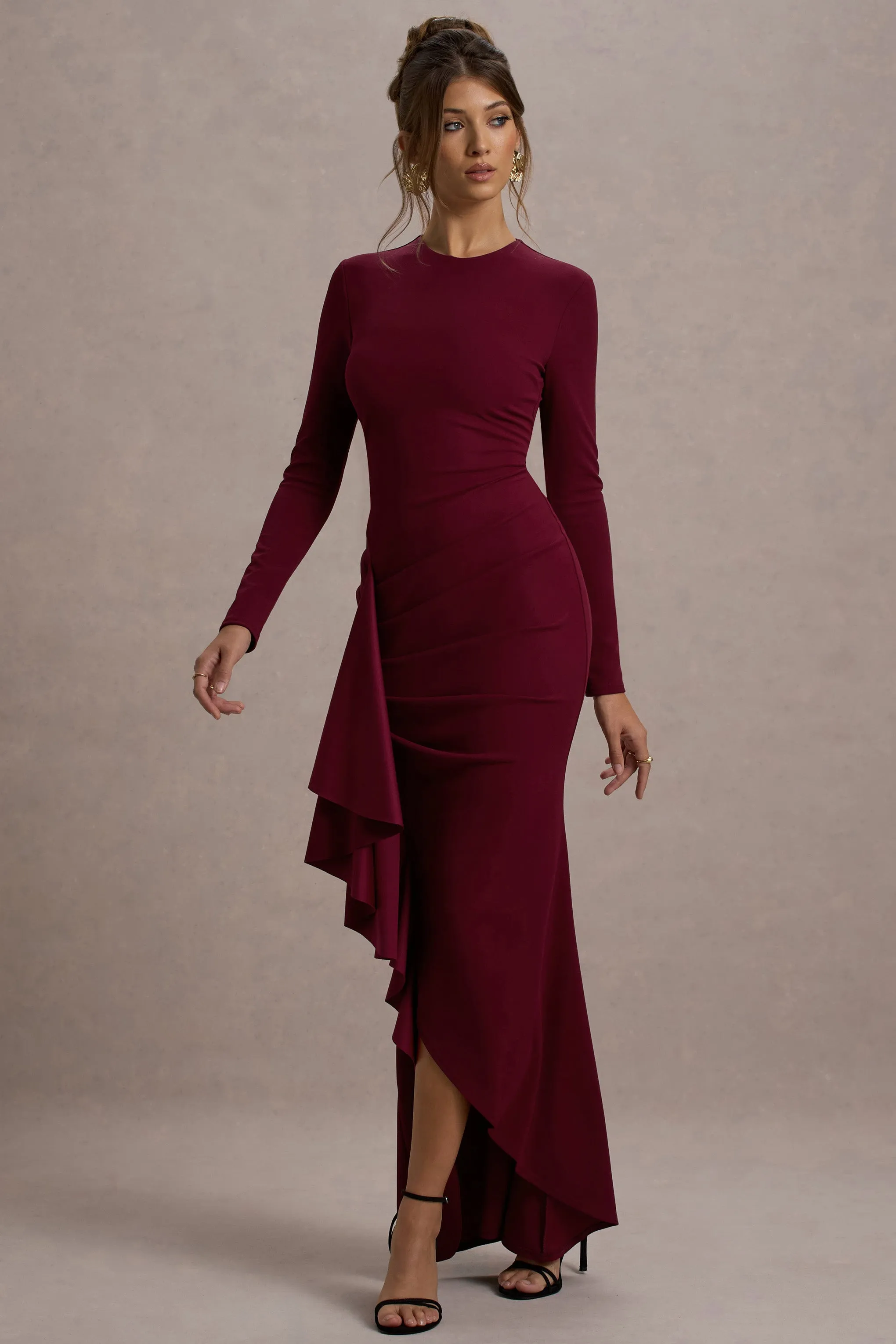 Alayna | Berry Long-Sleeve Maxi Dress With Ruffled Split sold by Club L London product image thumbnail 4