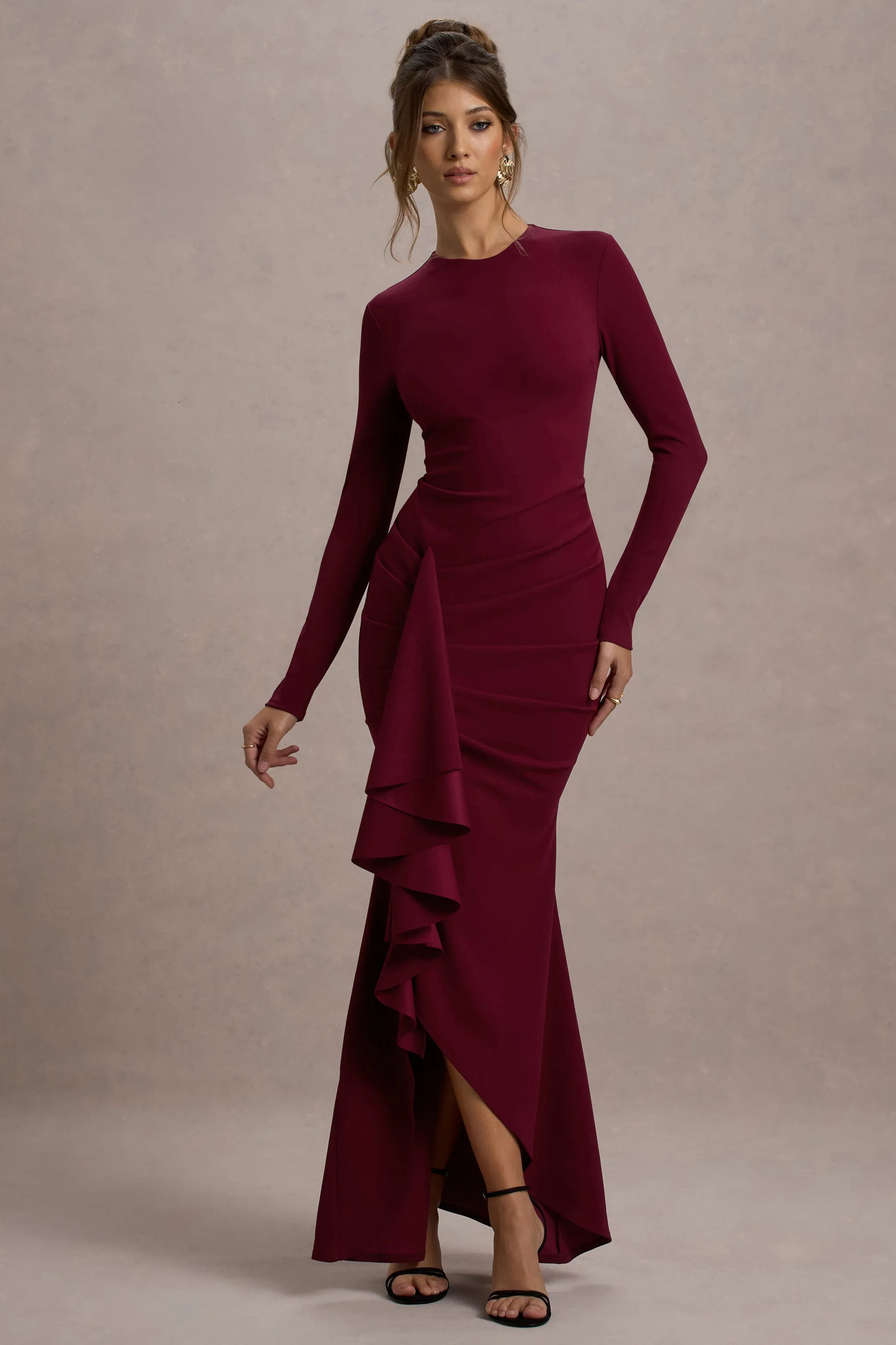 Alayna | Berry Long-Sleeve Maxi Dress With Ruffled Split sold by Club L London