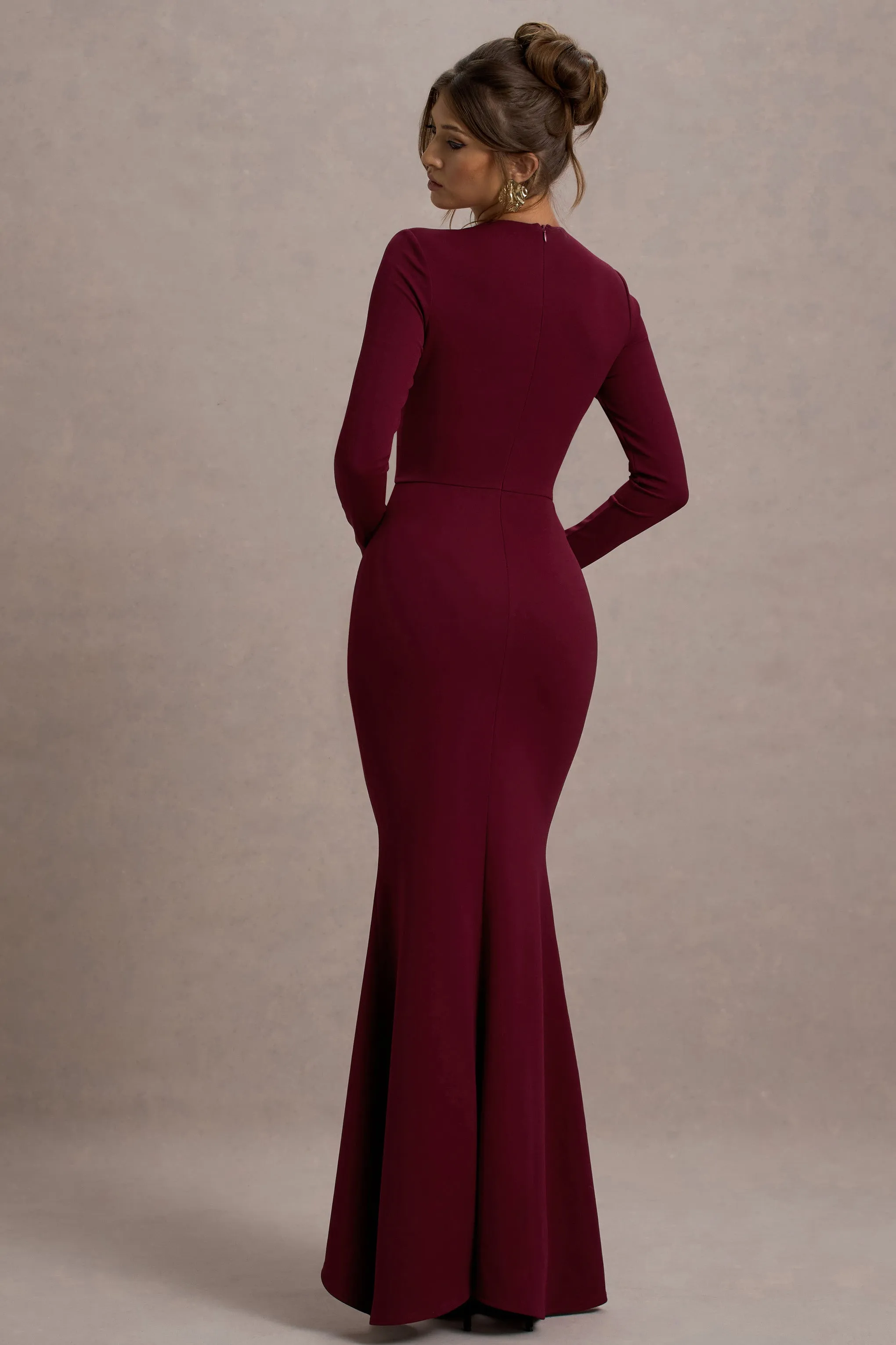 Alayna | Berry Long-Sleeve Maxi Dress With Ruffled Split sold by Club L London product image thumbnail 2