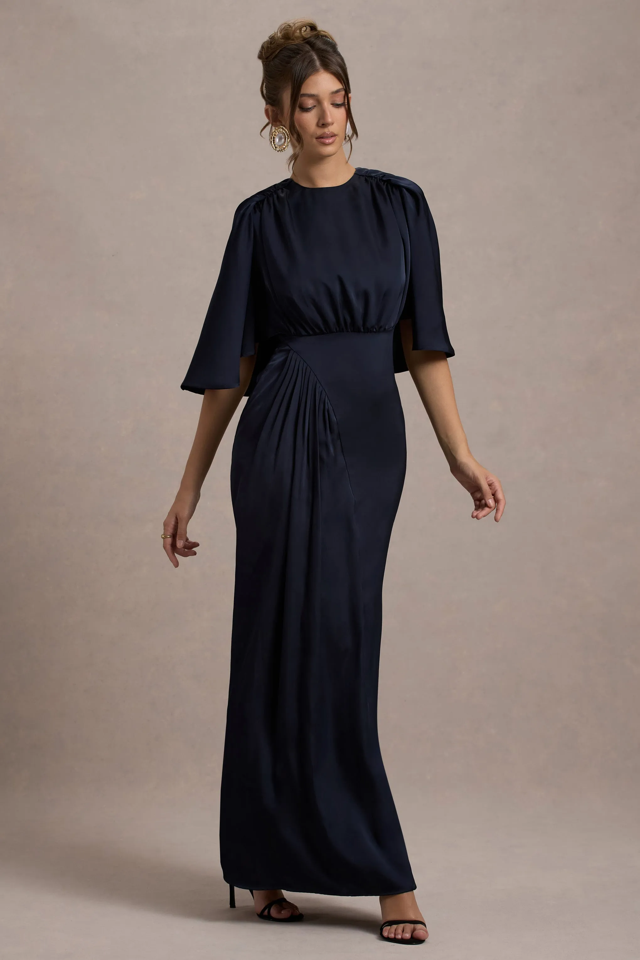 Cinder | Navy Satin Gathered Maxi Dress sold by Club L London product image thumbnail 4