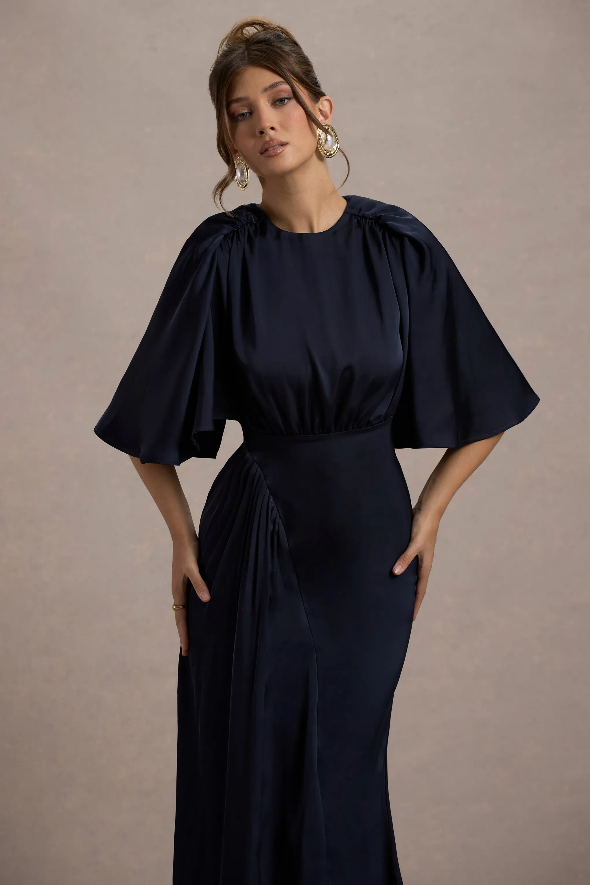 Cinder | Navy Satin Gathered Maxi Dress sold by Club L London product image thumbnail 3