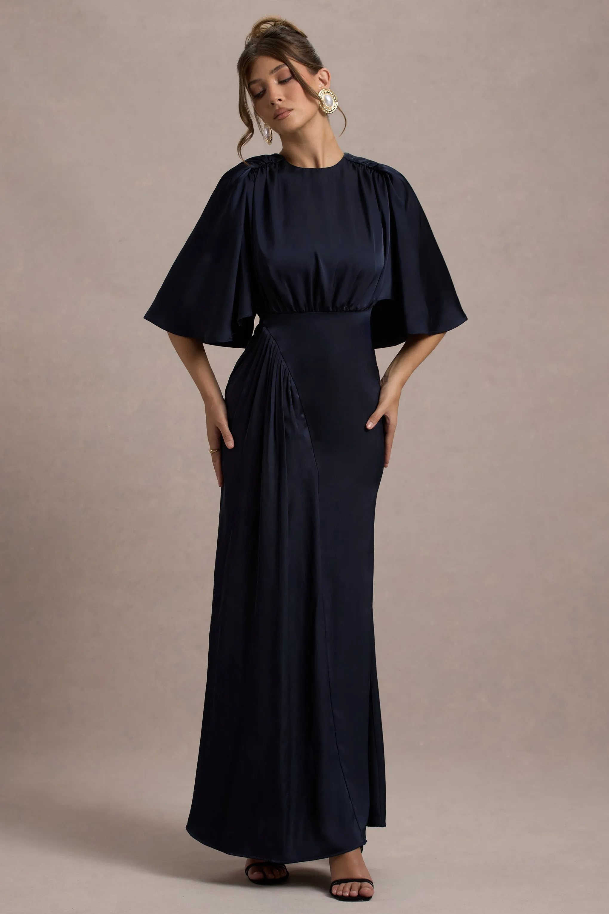 Cinder | Navy Satin Gathered Maxi Dress sold by Club L London