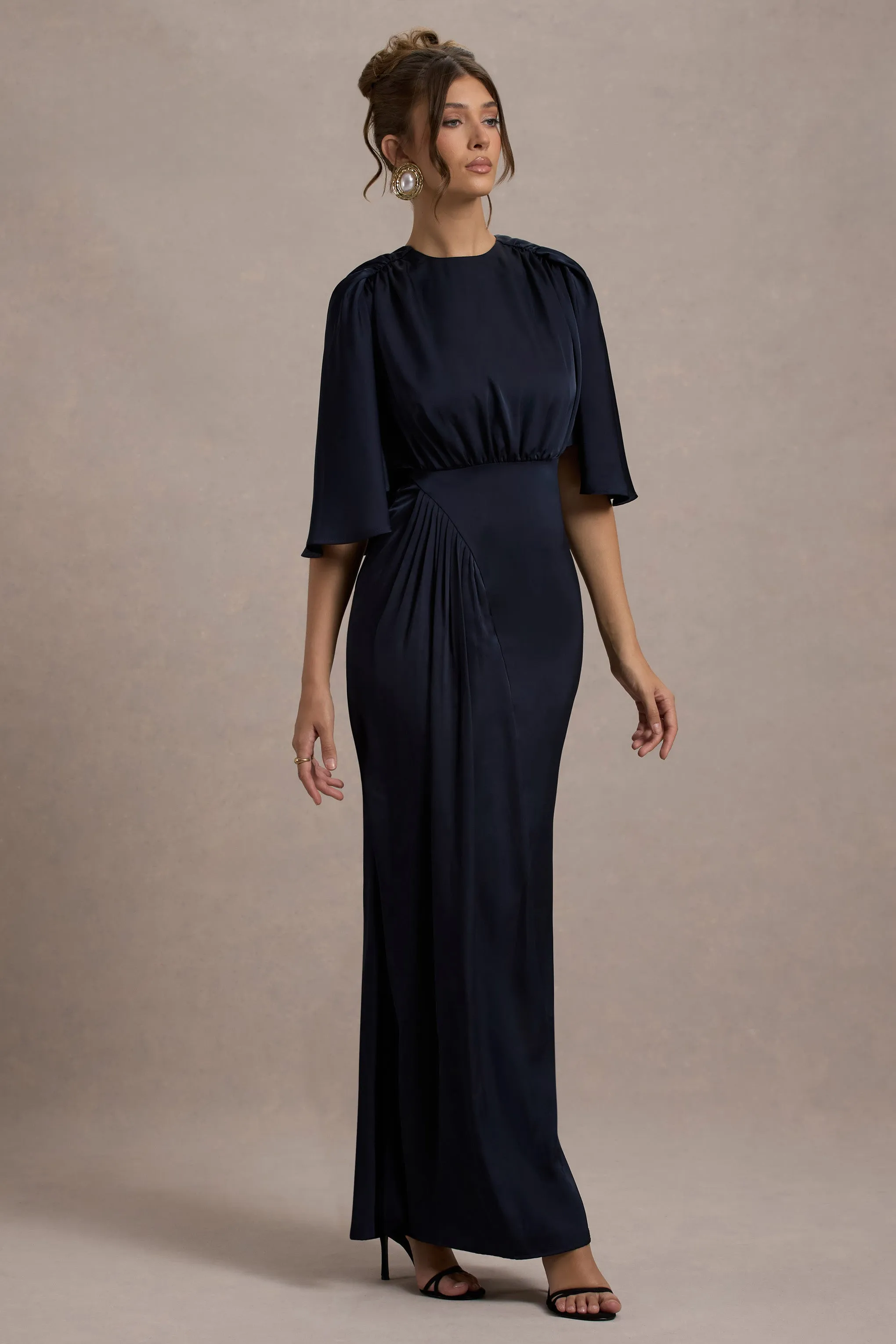 Cinder | Navy Satin Gathered Maxi Dress sold by Club L London product image thumbnail 5