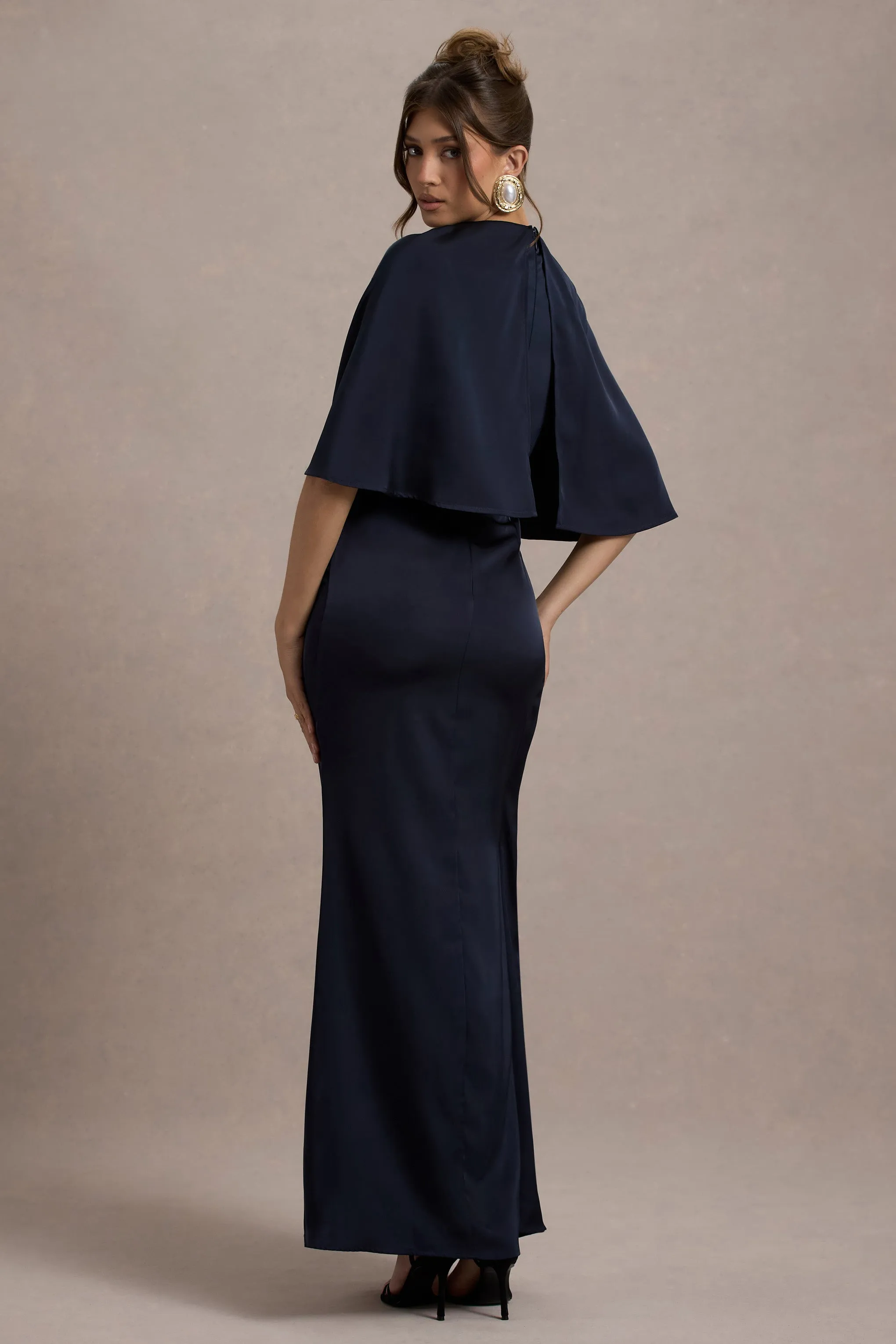 Cinder | Navy Satin Gathered Maxi Dress sold by Club L London product image thumbnail 2