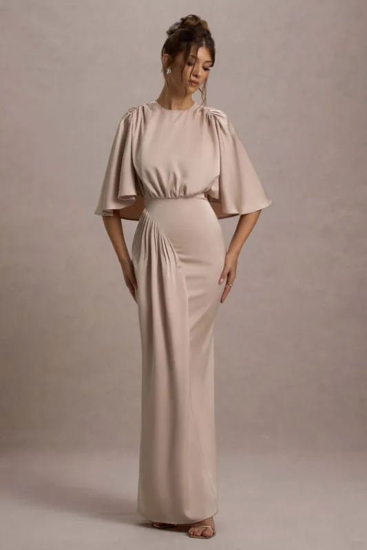 Cinder | Champagne Satin Gathered Maxi Dress sold by Club L London