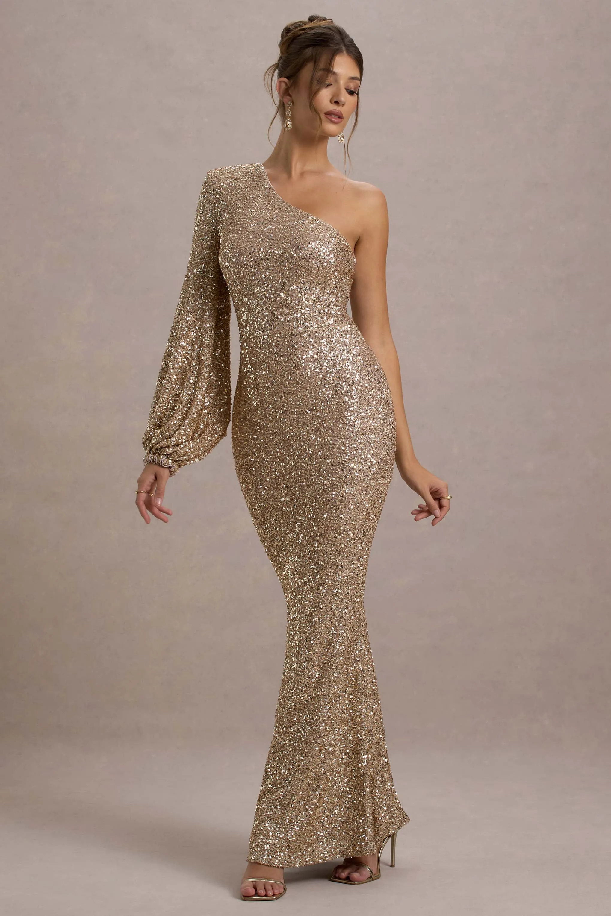 Aven | Gold Sequin Asymmetric Puff-Sleeve Maxi Dress sold by Club L London product image thumbnail 4