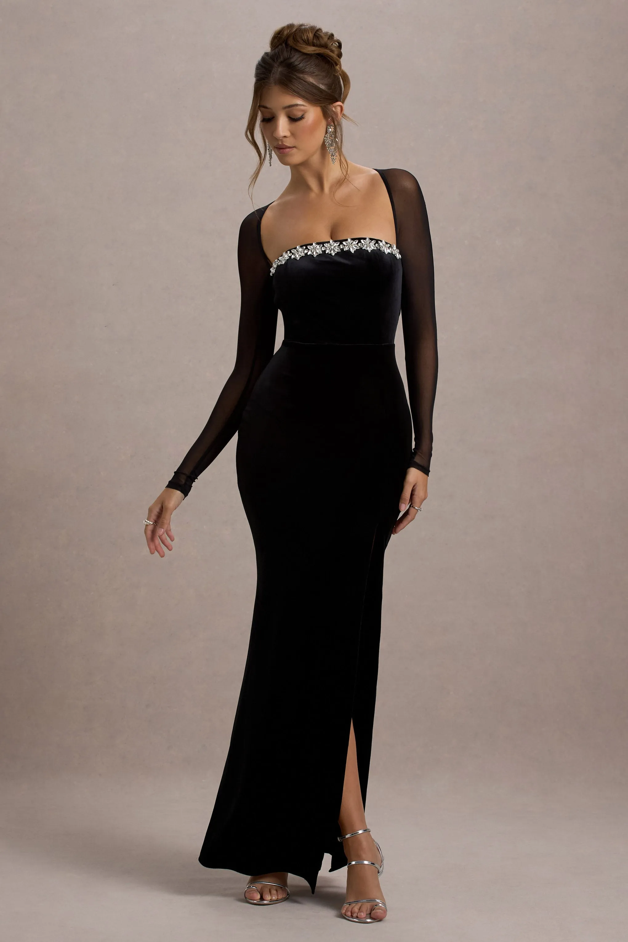 Ashby | Black Velvet Embellished Square-Neck Split Maxi Dress sold by Club L London product image thumbnail 5
