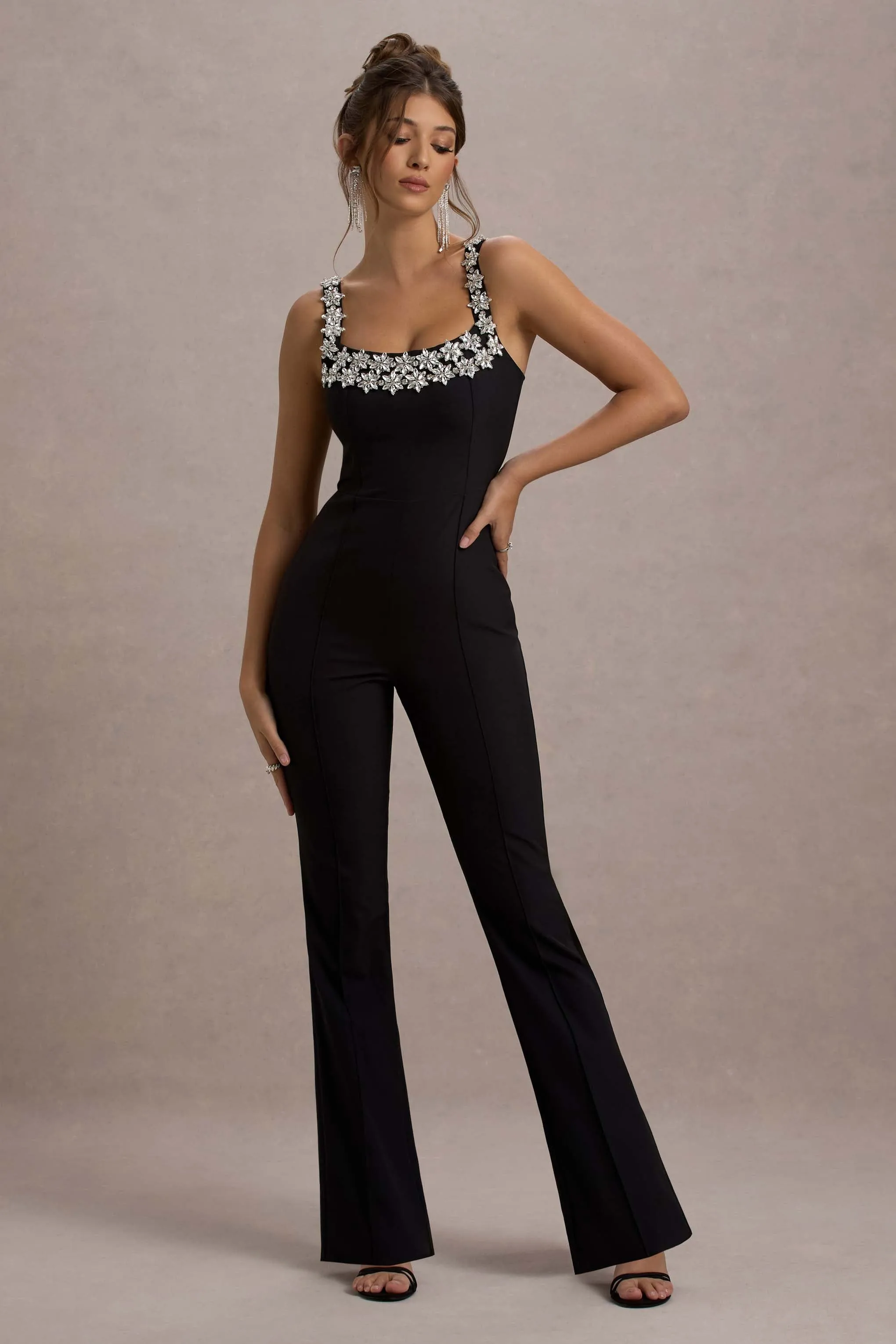 Amadi | Black Embellished Strappy Flared-Leg Jumpsuit sold by Club L London