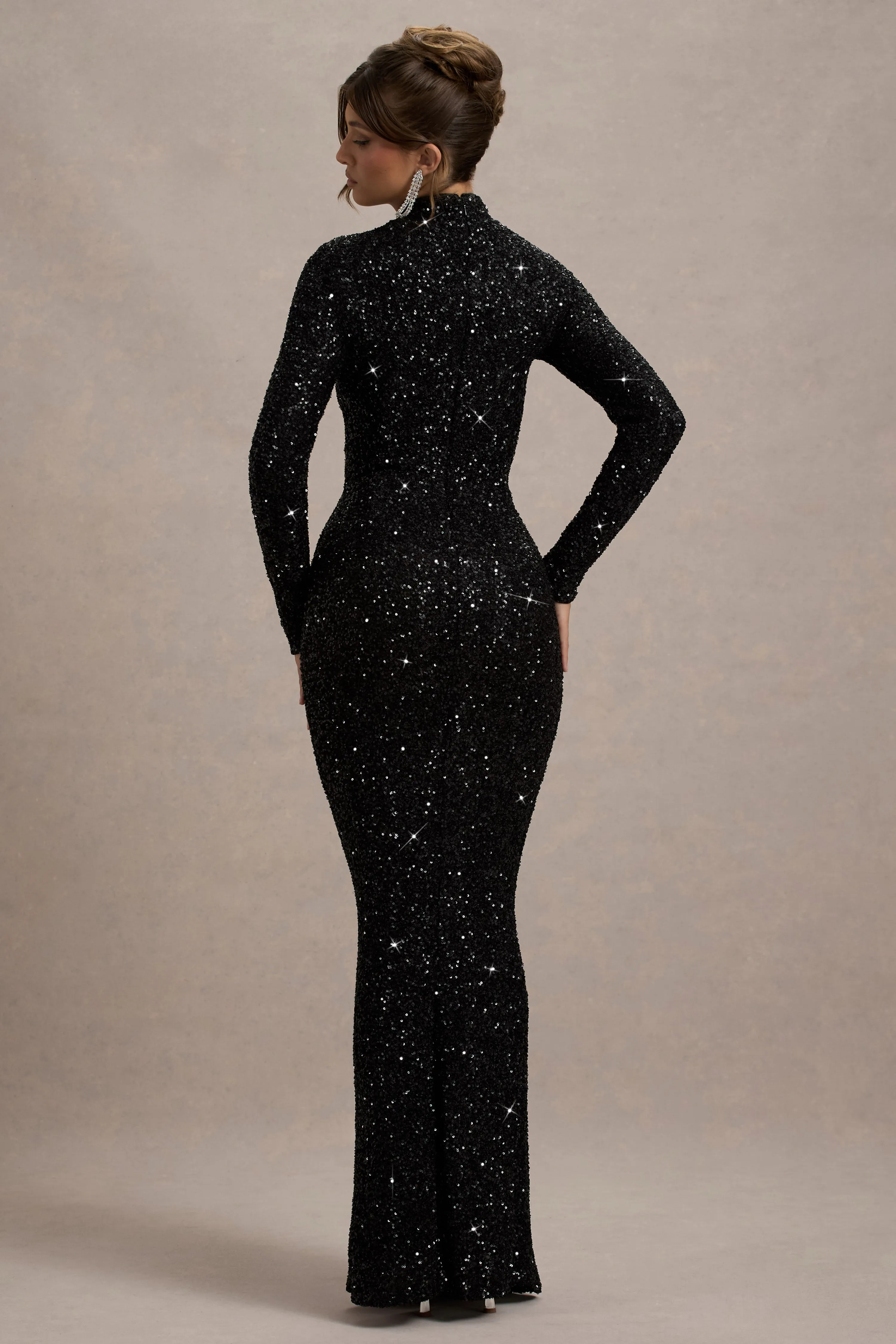Galaxy | Black Sequin Turtle-Neck Long-Sleeve Maxi Dress sold by Club L London product image thumbnail 2