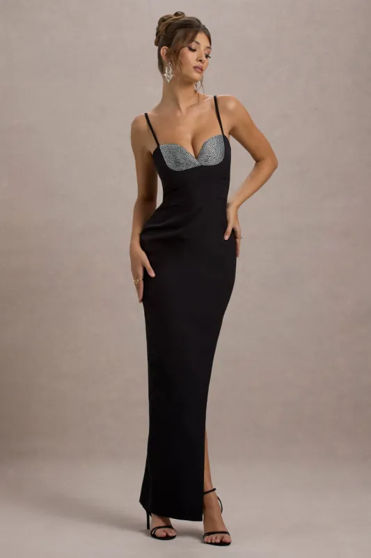 Ignacia | Black Asymmetric Maxi Dress With Hotfix Detail sold by Club L London