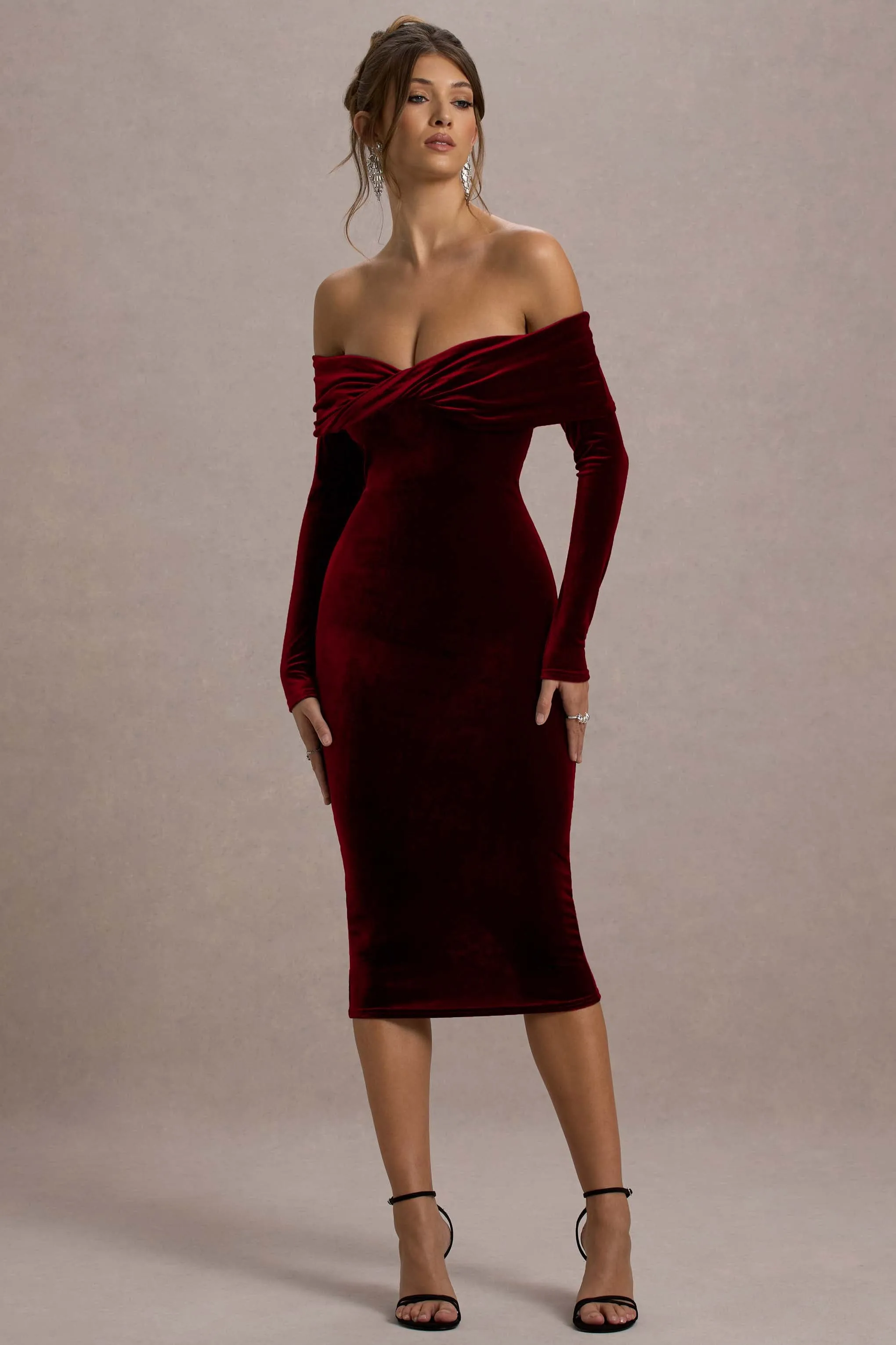 Compliment | Berry Velvet Bardot Midi Dress sold by Club L London product image thumbnail 4