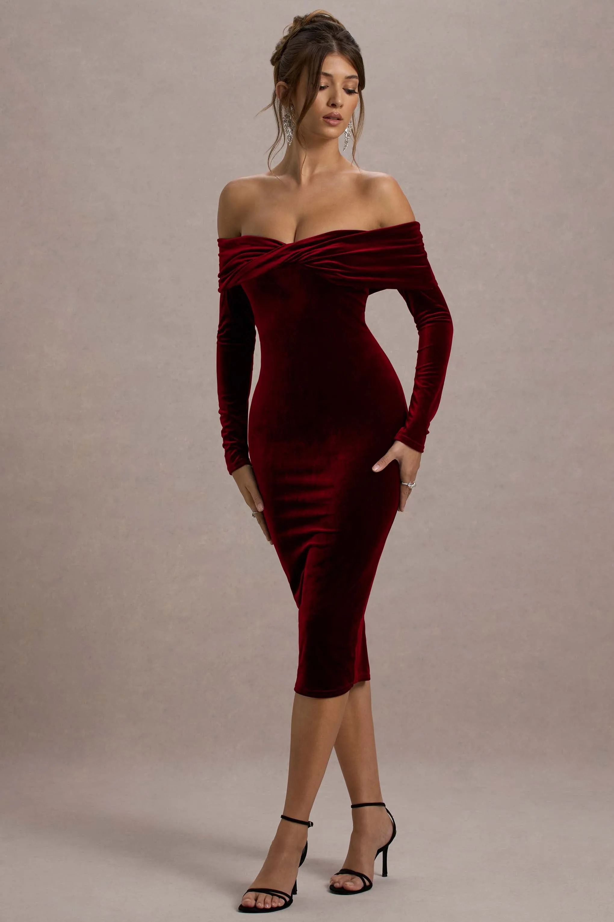 Compliment | Berry Velvet Bardot Midi Dress sold by Club L London