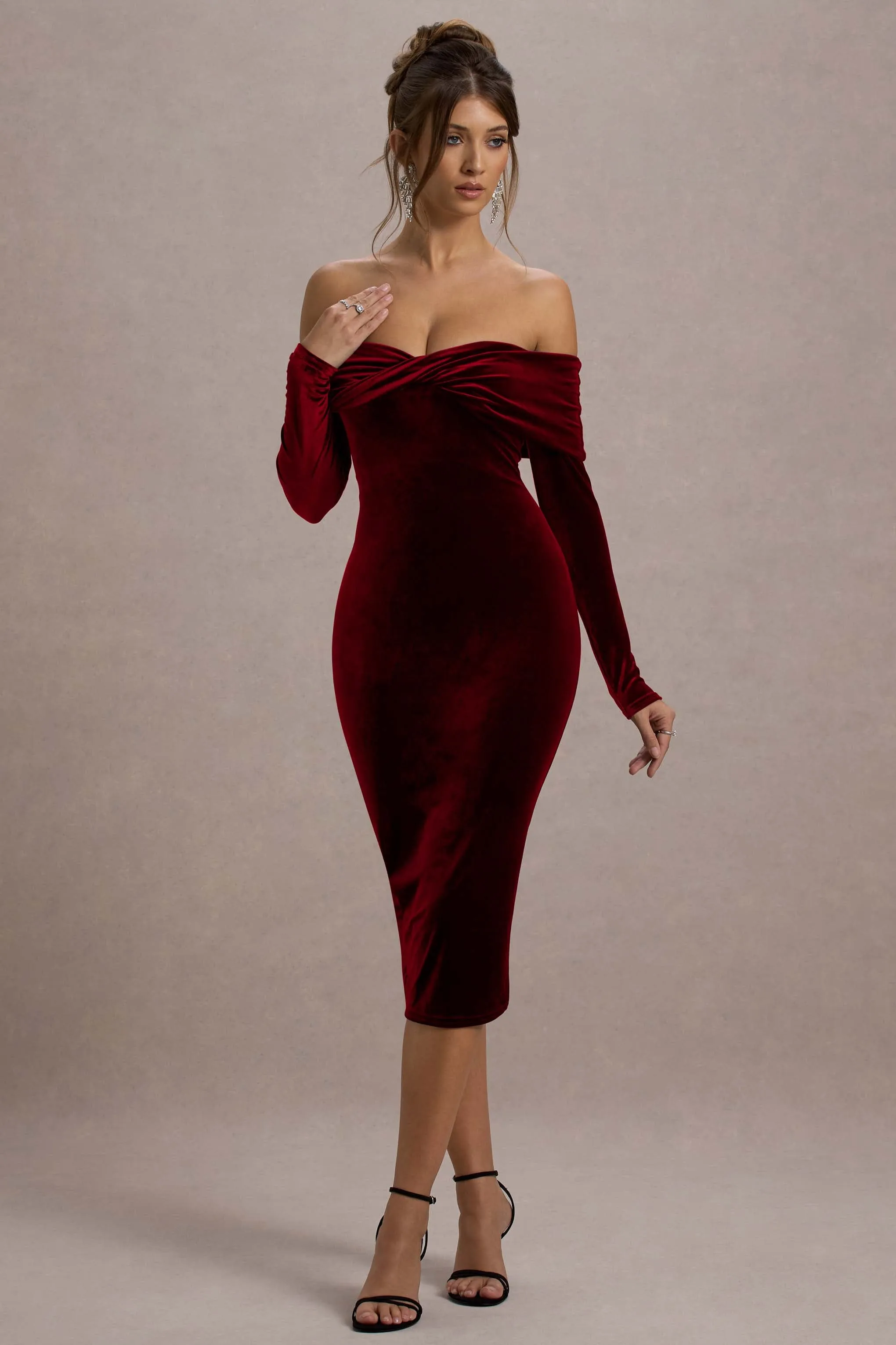 Compliment | Berry Velvet Bardot Midi Dress sold by Club L London product image thumbnail 5