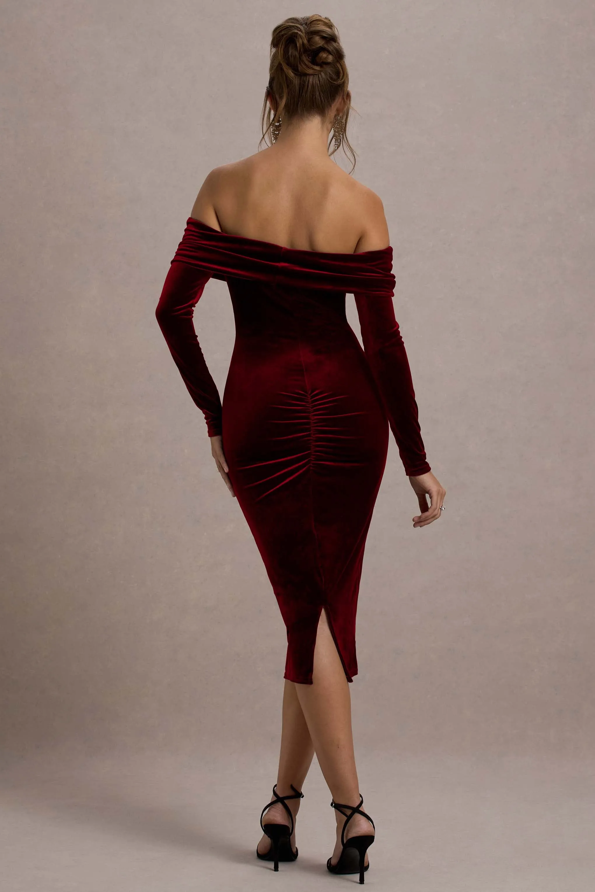 Compliment | Berry Velvet Bardot Midi Dress sold by Club L London product image thumbnail 2