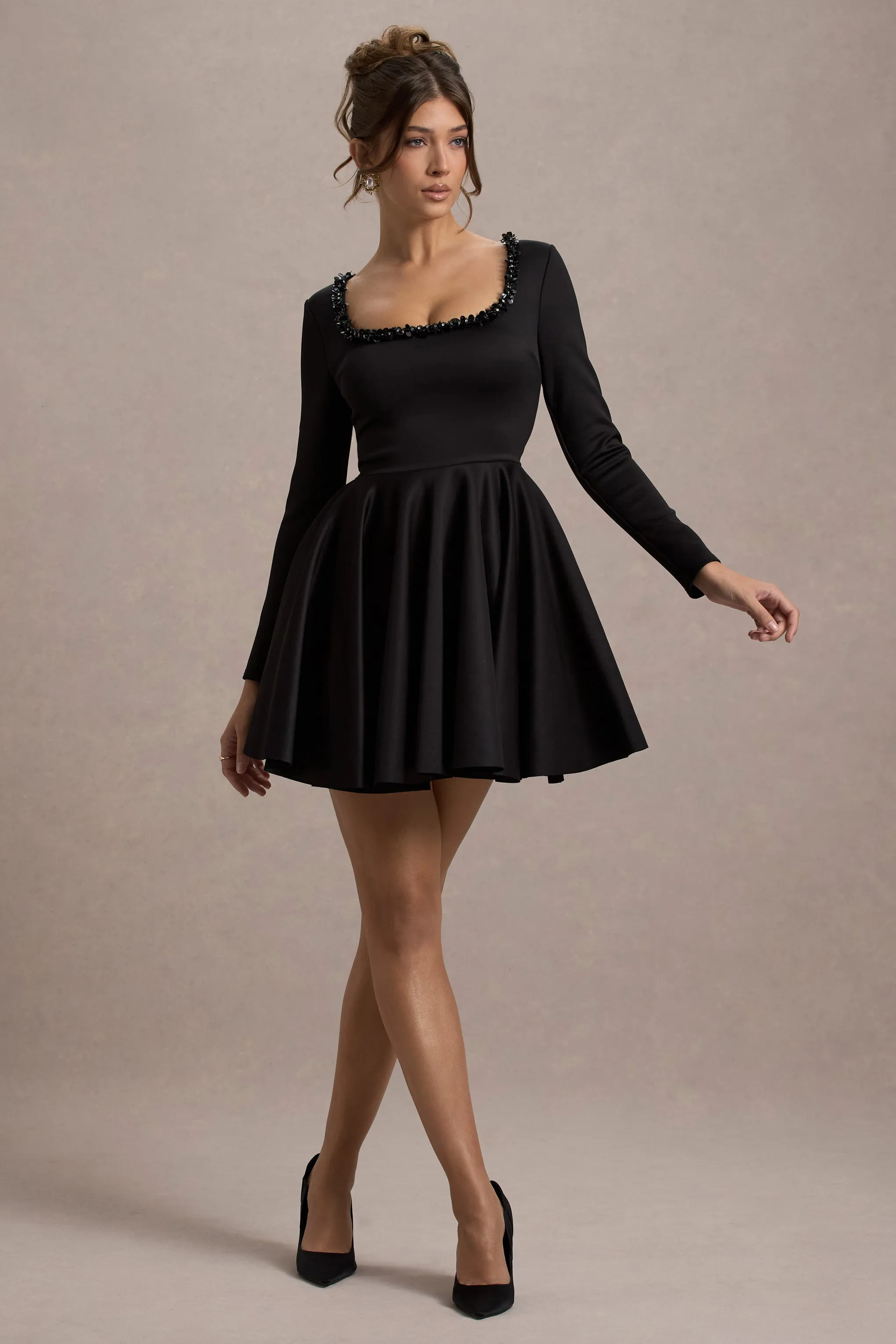 Wilder | Black Square-Neck Long-Sleeve Skater Mini Dress sold by Club L London product image thumbnail 4