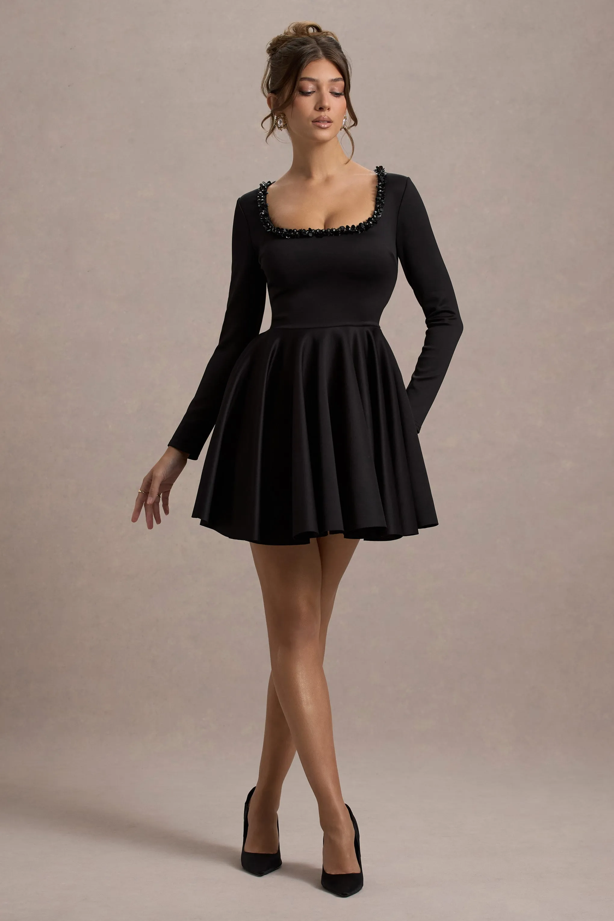 Wilder | Black Square-Neck Long-Sleeve Skater Mini Dress sold by Club L London
