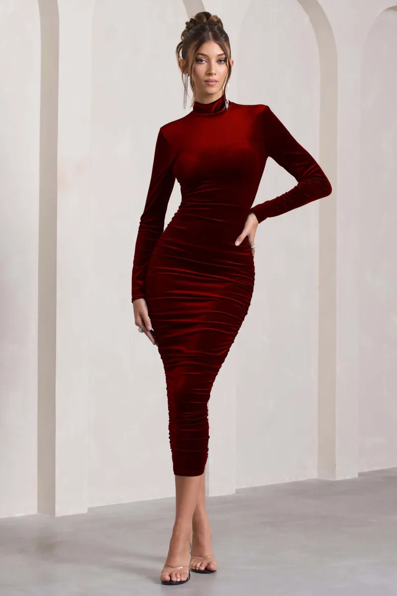 Joanna | Berry Velvet High-Neck Backless Midi Dress sold by Club L London