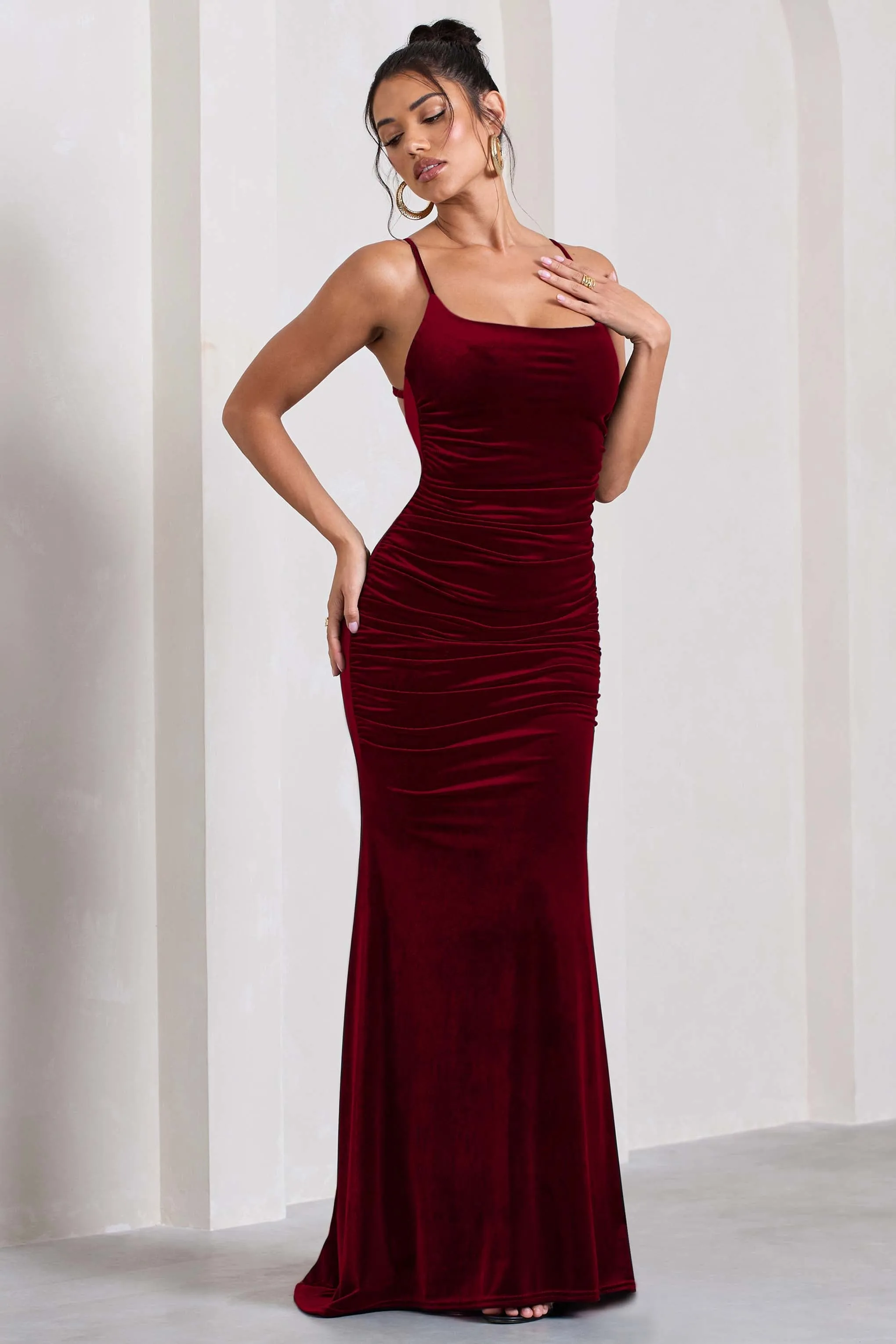 Adele | Berry Velvet Ruched Strappy Fishtail Maxi Dress sold by Club L London product image thumbnail 5