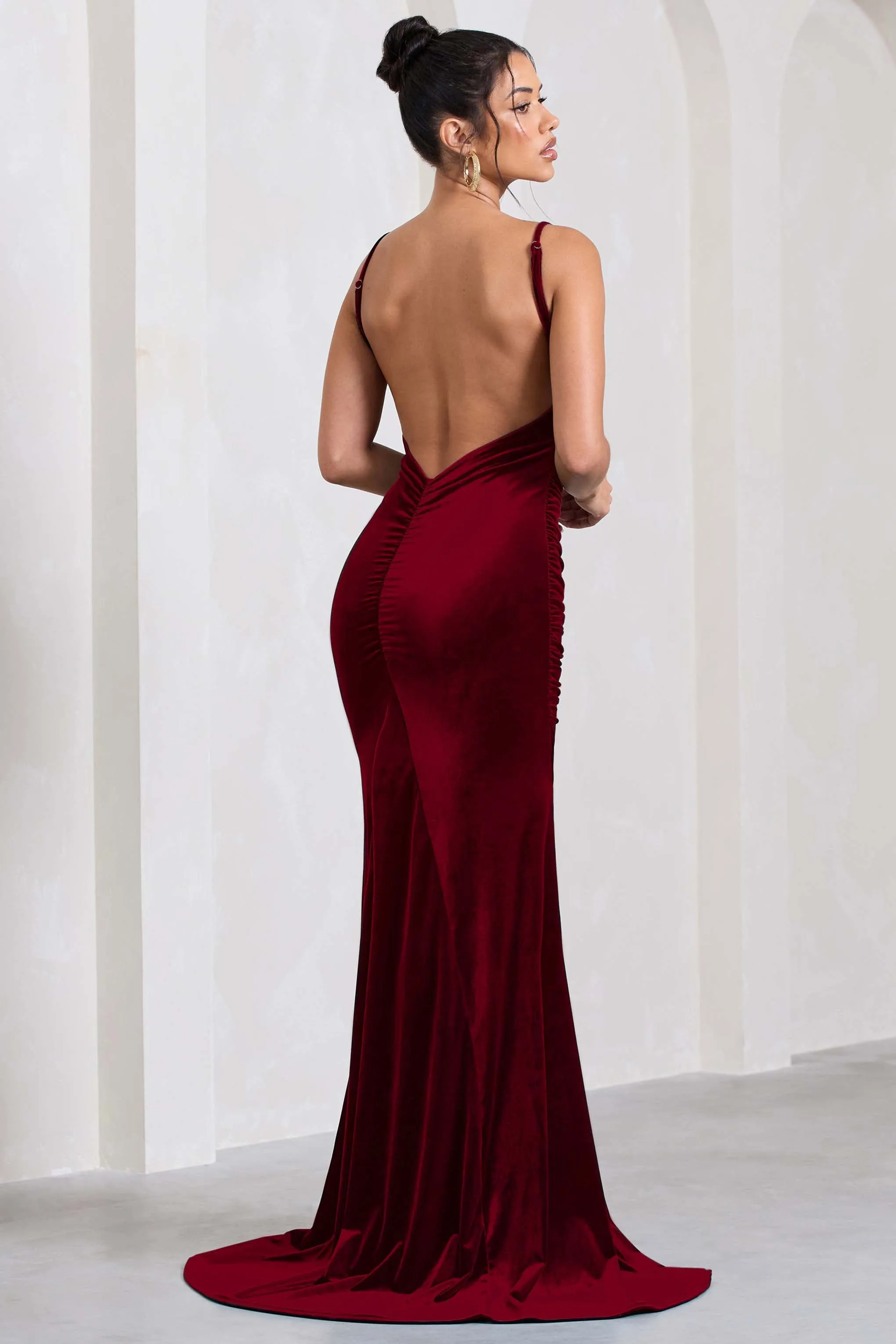 Adele | Berry Velvet Ruched Strappy Fishtail Maxi Dress sold by Club L London product image thumbnail 2