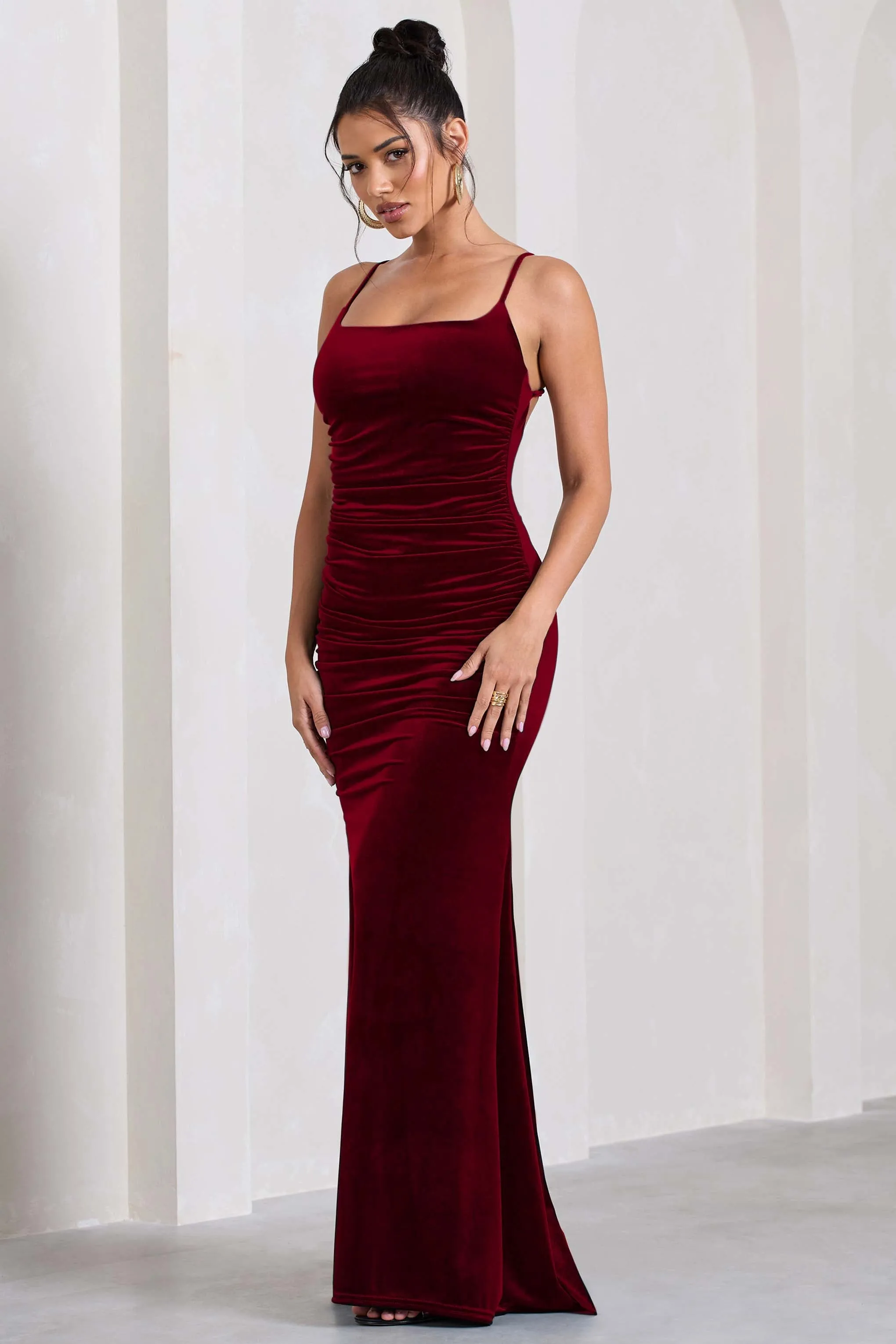 Adele | Berry Velvet Ruched Strappy Fishtail Maxi Dress sold by Club L London product image thumbnail 4