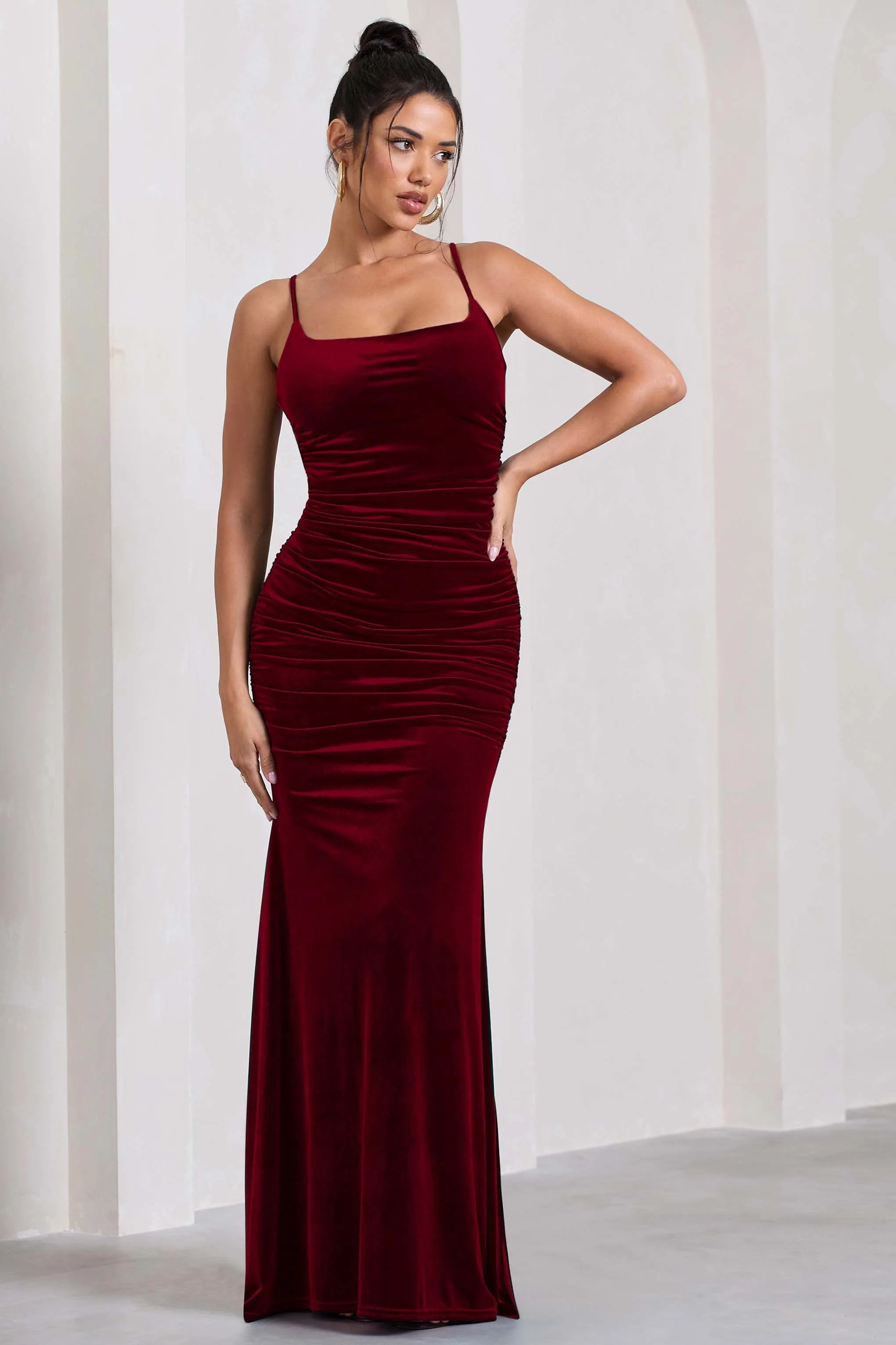 Adele | Berry Velvet Ruched Strappy Fishtail Maxi Dress sold by Club L London