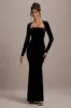 Morana | Black Velvet Square-Neck Long-Sleeve Maxi Dress sold by Club L London