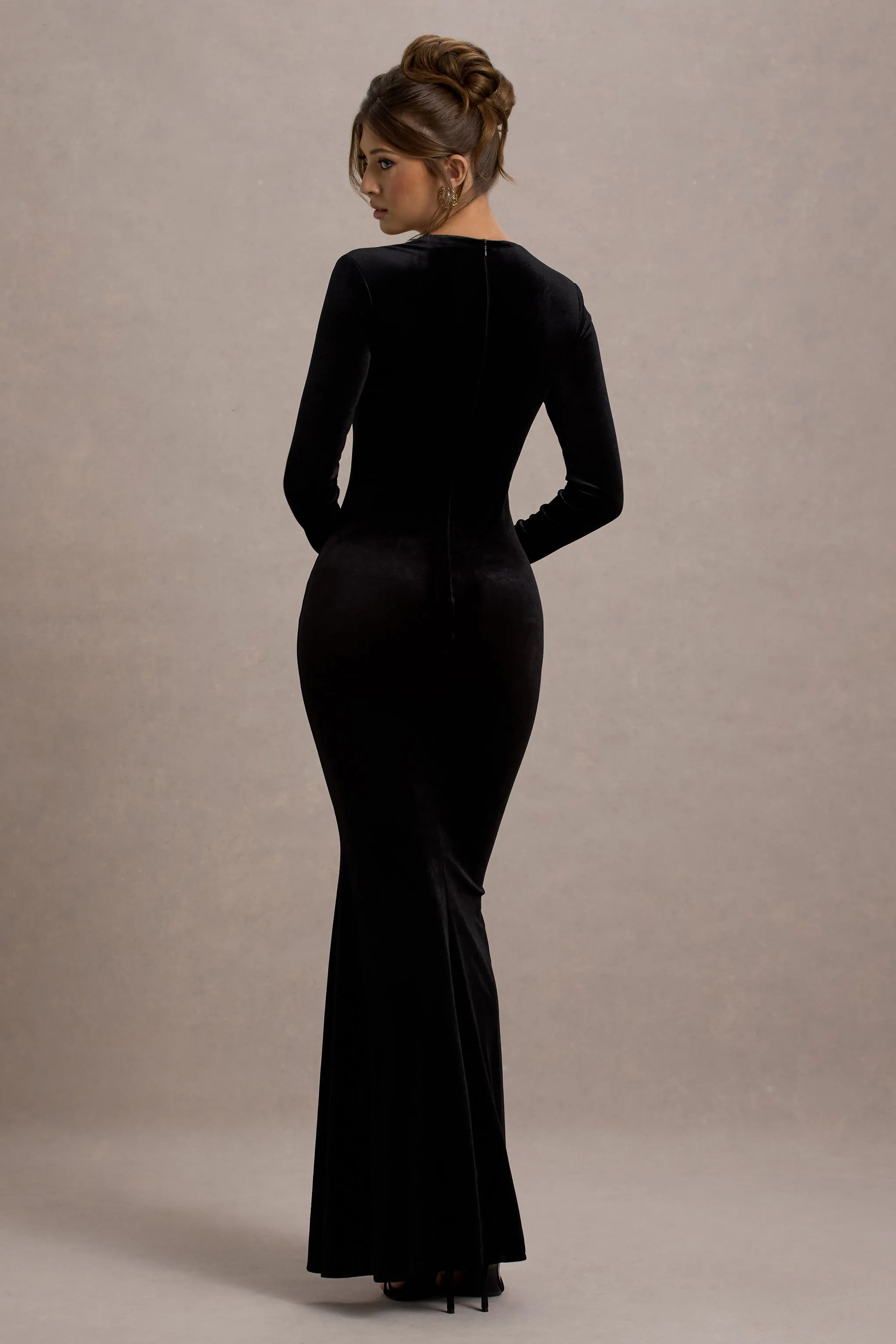 Morana | Black Velvet Square-Neck Long-Sleeve Maxi Dress sold by Club L London product image thumbnail 3