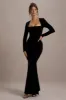 Morana | Black Velvet Square-Neck Long-Sleeve Maxi Dress sold by Club L London