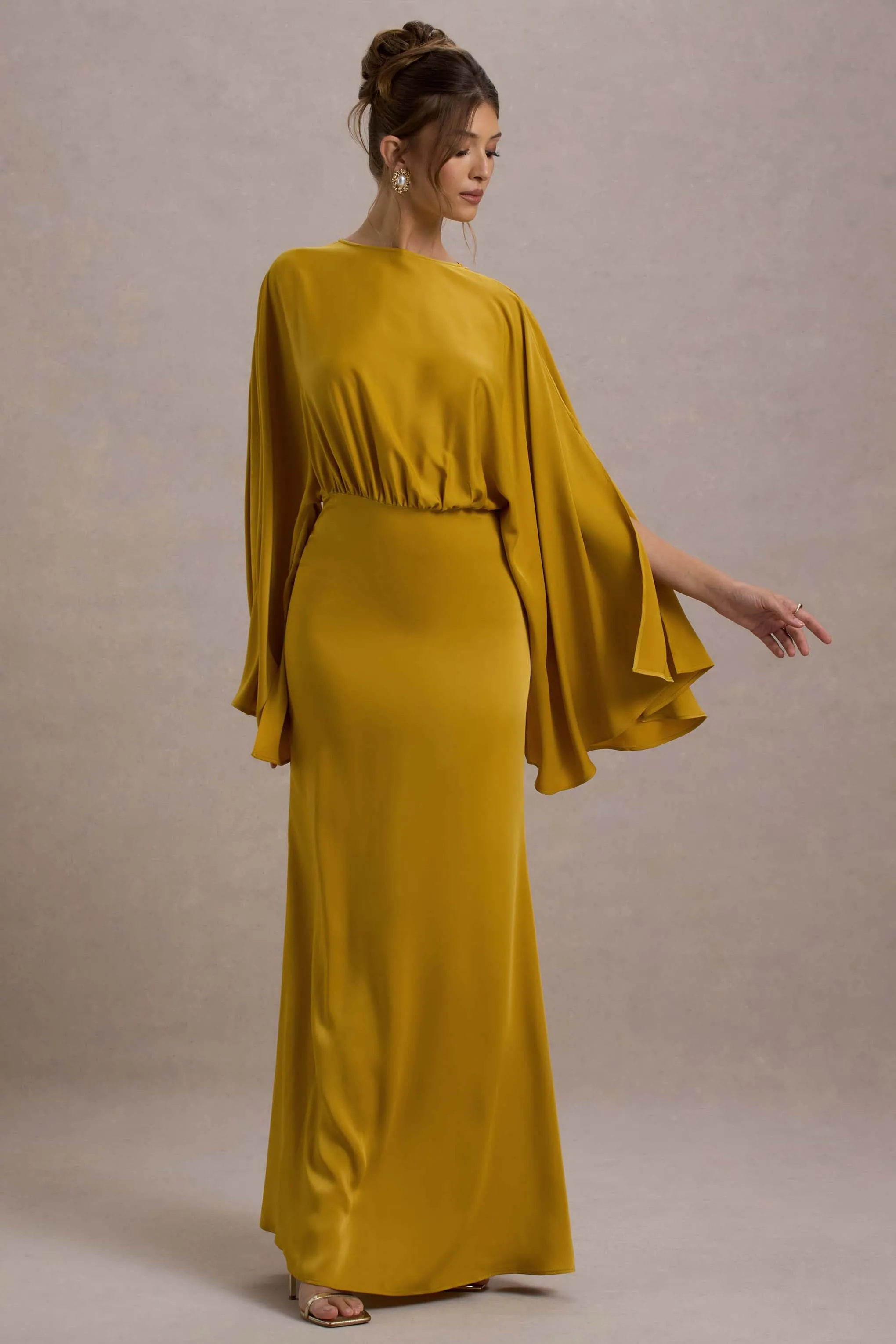 Zuzanna | Mustard Draped Maxi Dress With Cape Sleeves sold by Club L London product image thumbnail 4