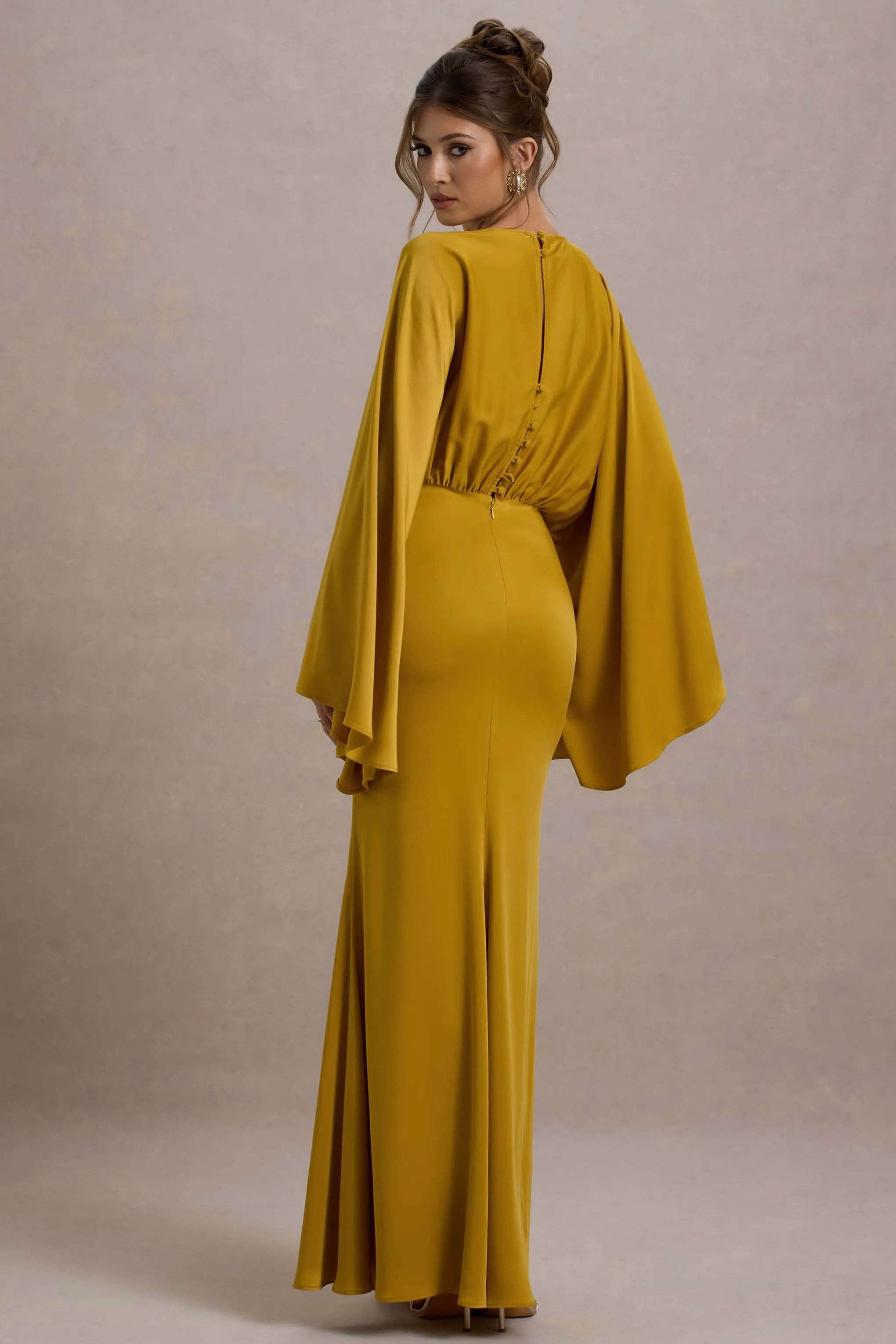 Zuzanna | Mustard Draped Maxi Dress With Cape Sleeves sold by Club L London product image thumbnail 2