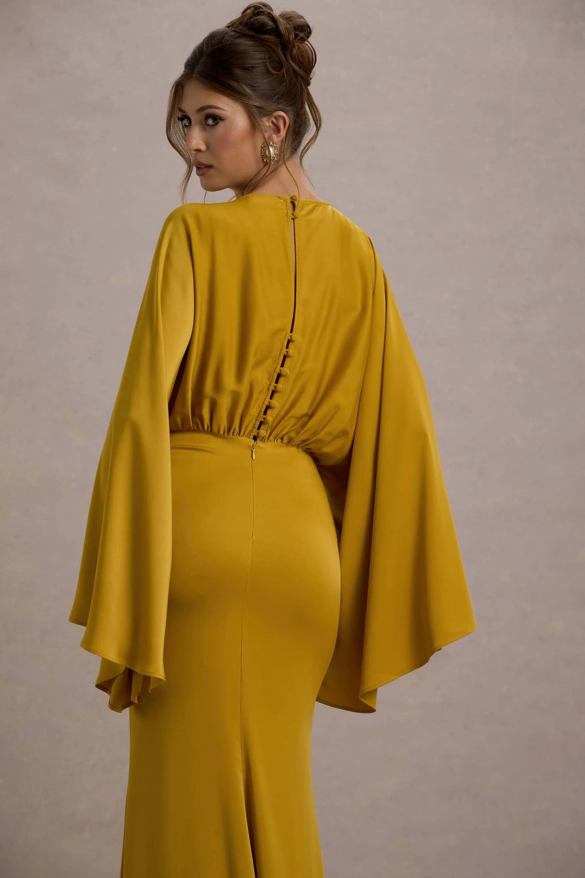 Zuzanna | Mustard Draped Maxi Dress With Cape Sleeves sold by Club L London product image thumbnail 3