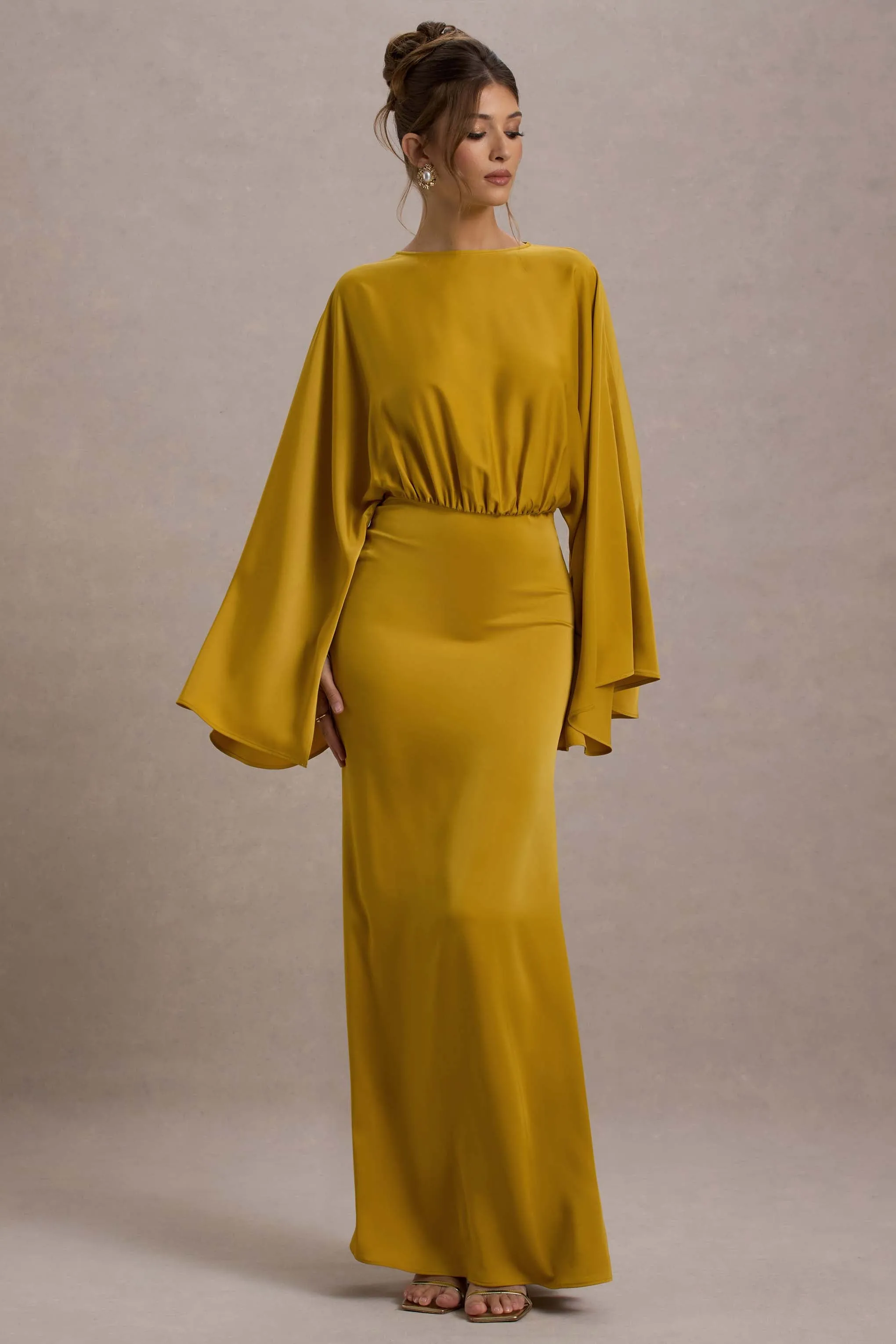 Zuzanna | Mustard Draped Maxi Dress With Cape Sleeves sold by Club L London