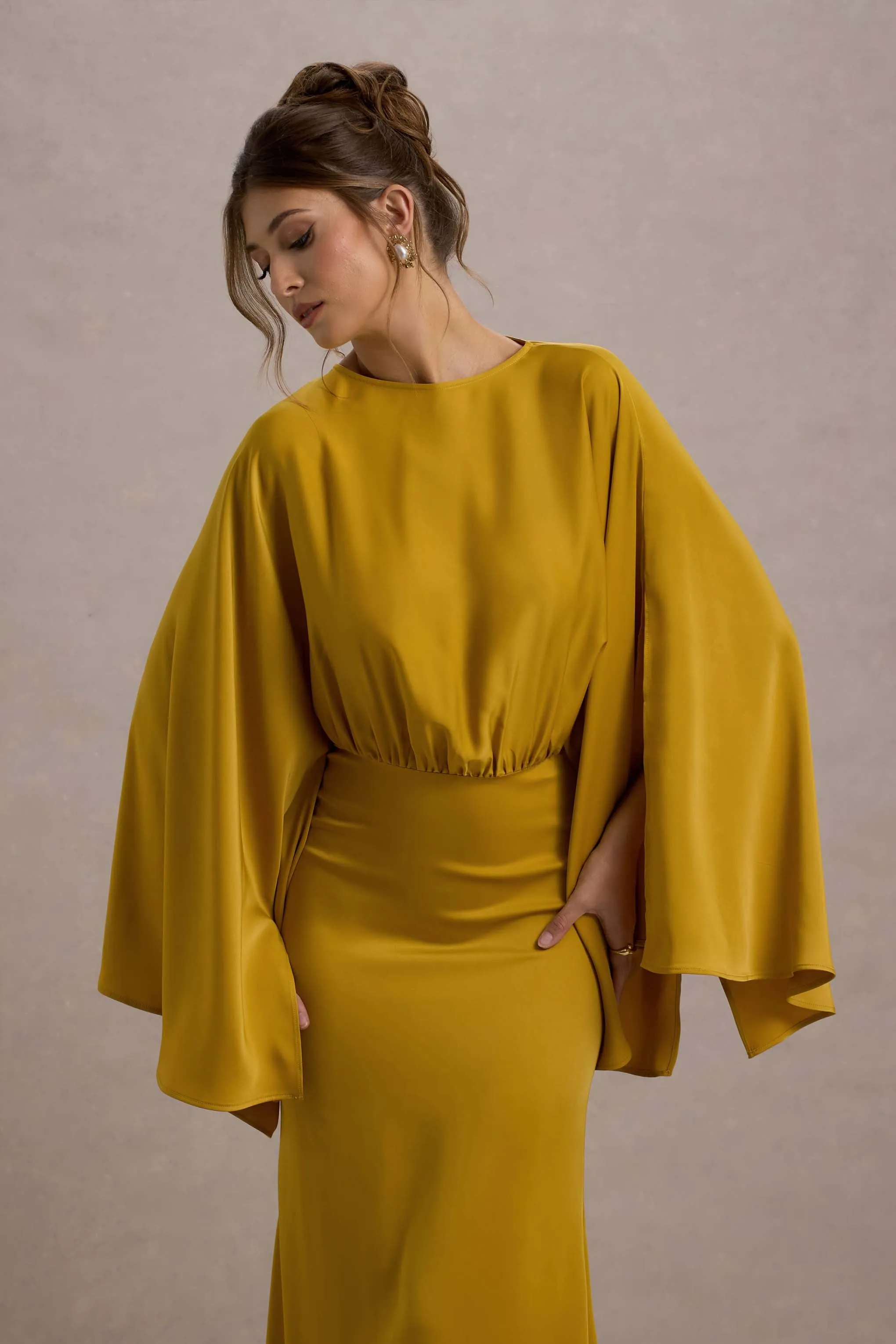 Zuzanna | Mustard Draped Maxi Dress With Cape Sleeves sold by Club L London product image thumbnail 5