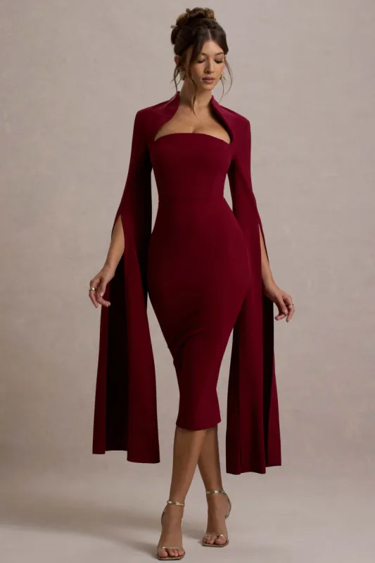 Linden | Berry Bodycon Cape-Sleeve Midi Dress sold by Club L London
