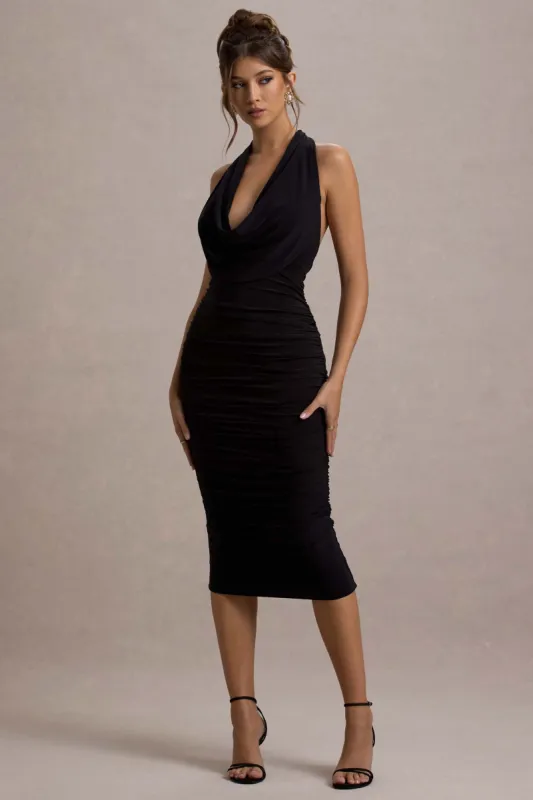 Coda | Black Ruched Plunge-Neck Midi Dress sold by Club L London