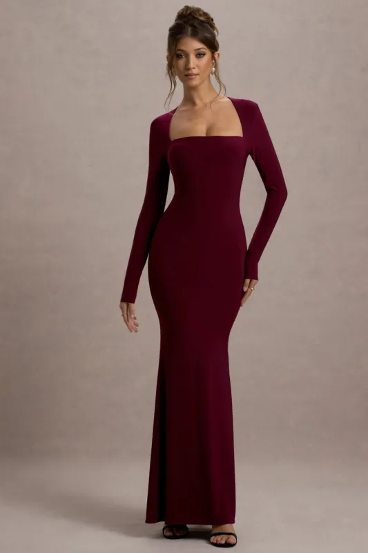 Maja | Burgundy Square-Neck Long-Sleeve Maxi Dress sold by Club L London