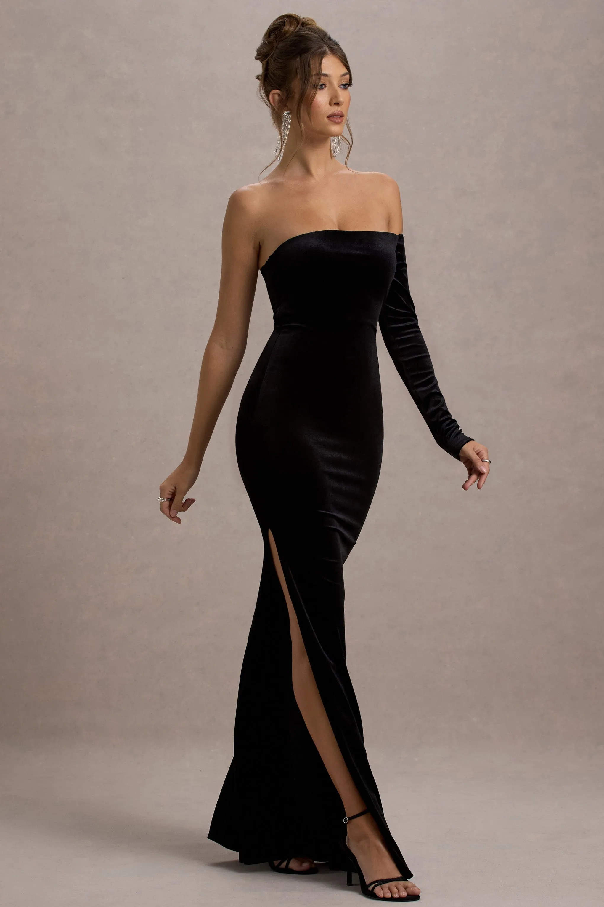 Sandrine | Black Velvet One-Sleeve Maxi Dress sold by Club L London product image thumbnail 4