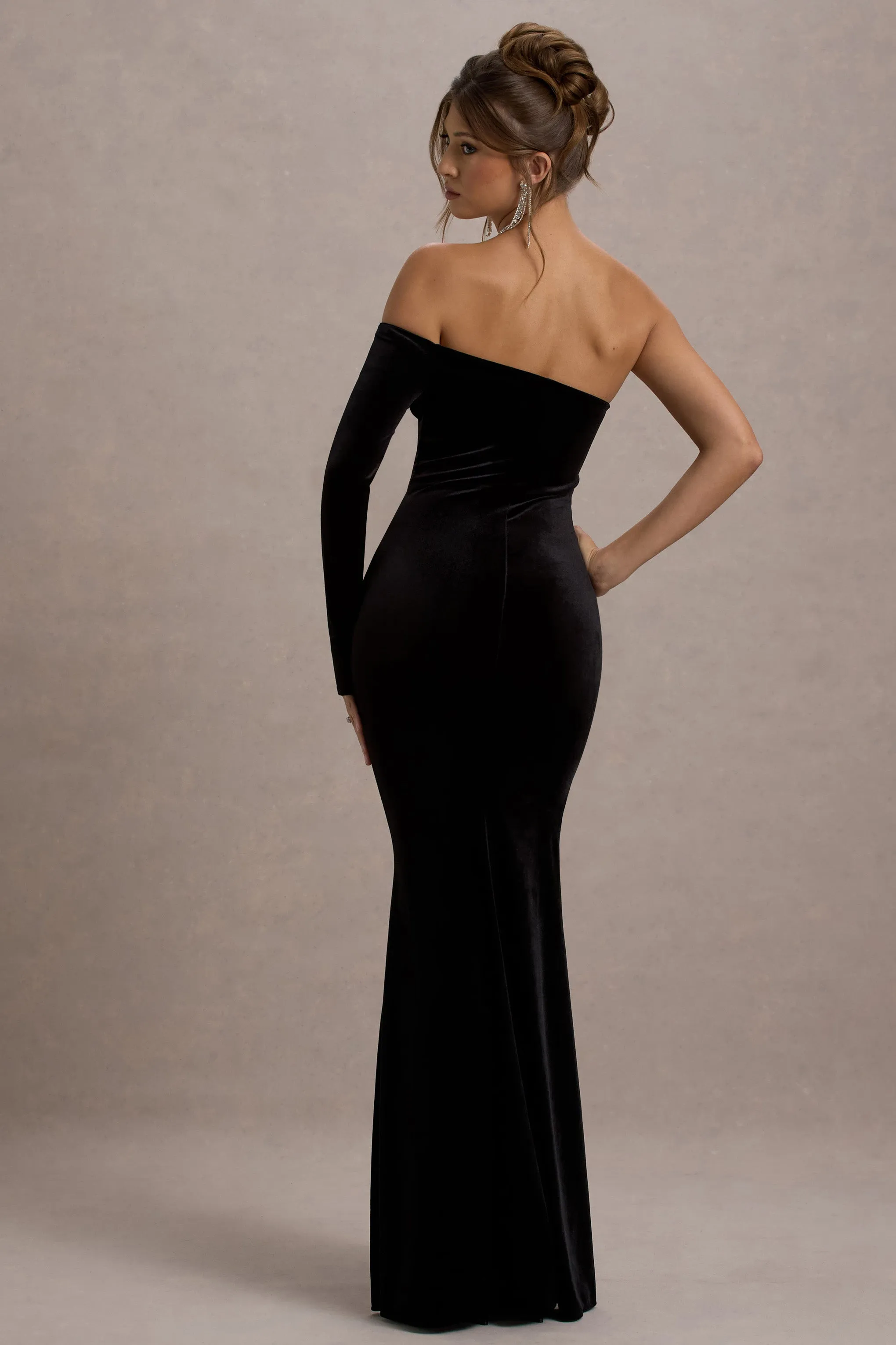 Sandrine | Black Velvet One-Sleeve Maxi Dress sold by Club L London product image thumbnail 2