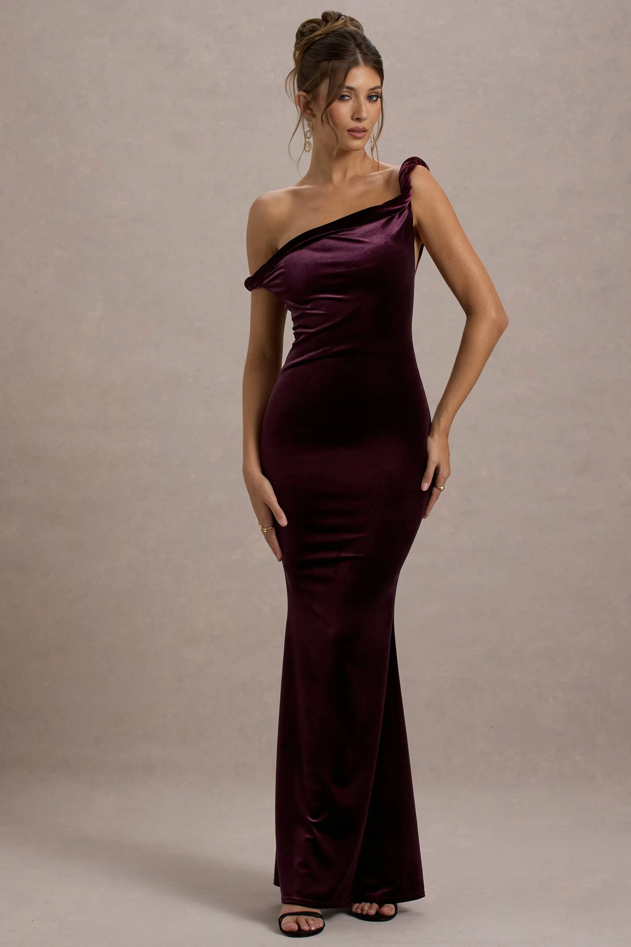 Neeka | Port Velvet Twisted Asymmetric Maxi Dress sold by Club L London product image thumbnail 4