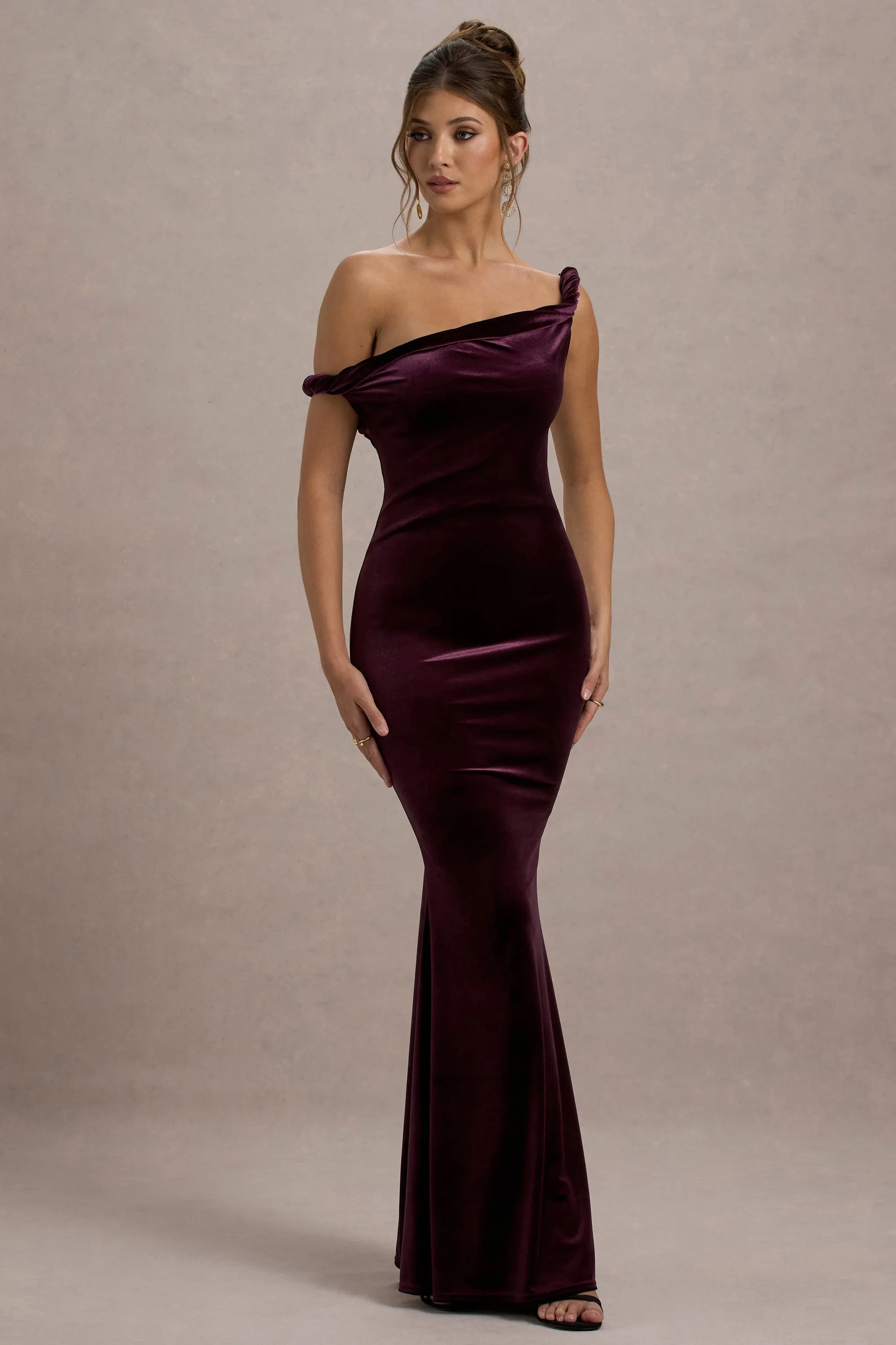 Neeka | Port Velvet Twisted Asymmetric Maxi Dress sold by Club L London