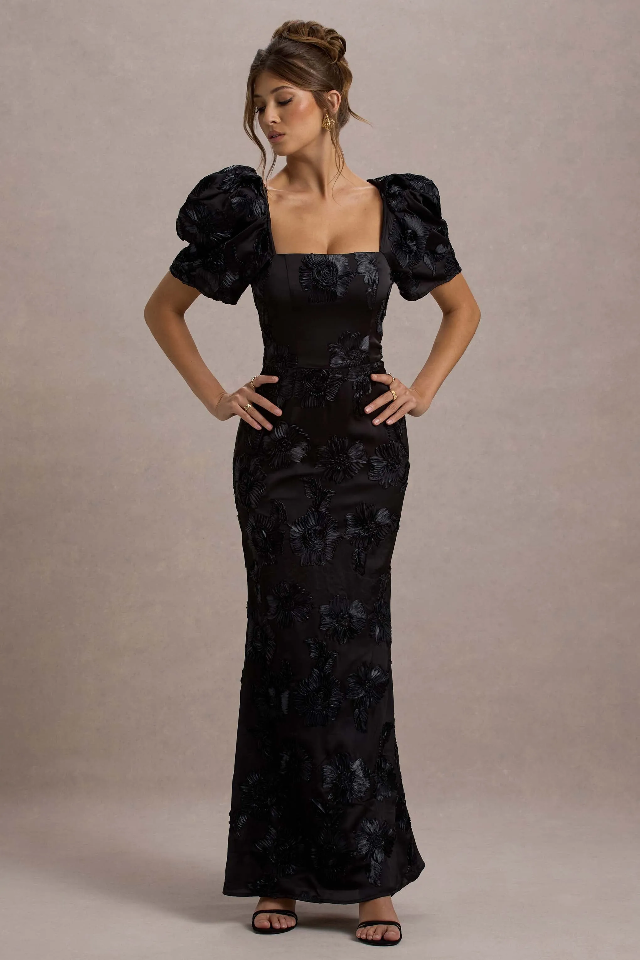 Marilla | Black Mesh Floral Square-Neck Puff-Sleeve Maxi Dress sold by Club L London product image thumbnail 4