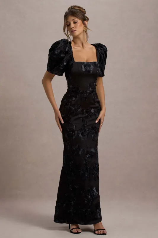 Marilla | Black Mesh Floral Square-Neck Puff-Sleeve Maxi Dress sold by Club L London