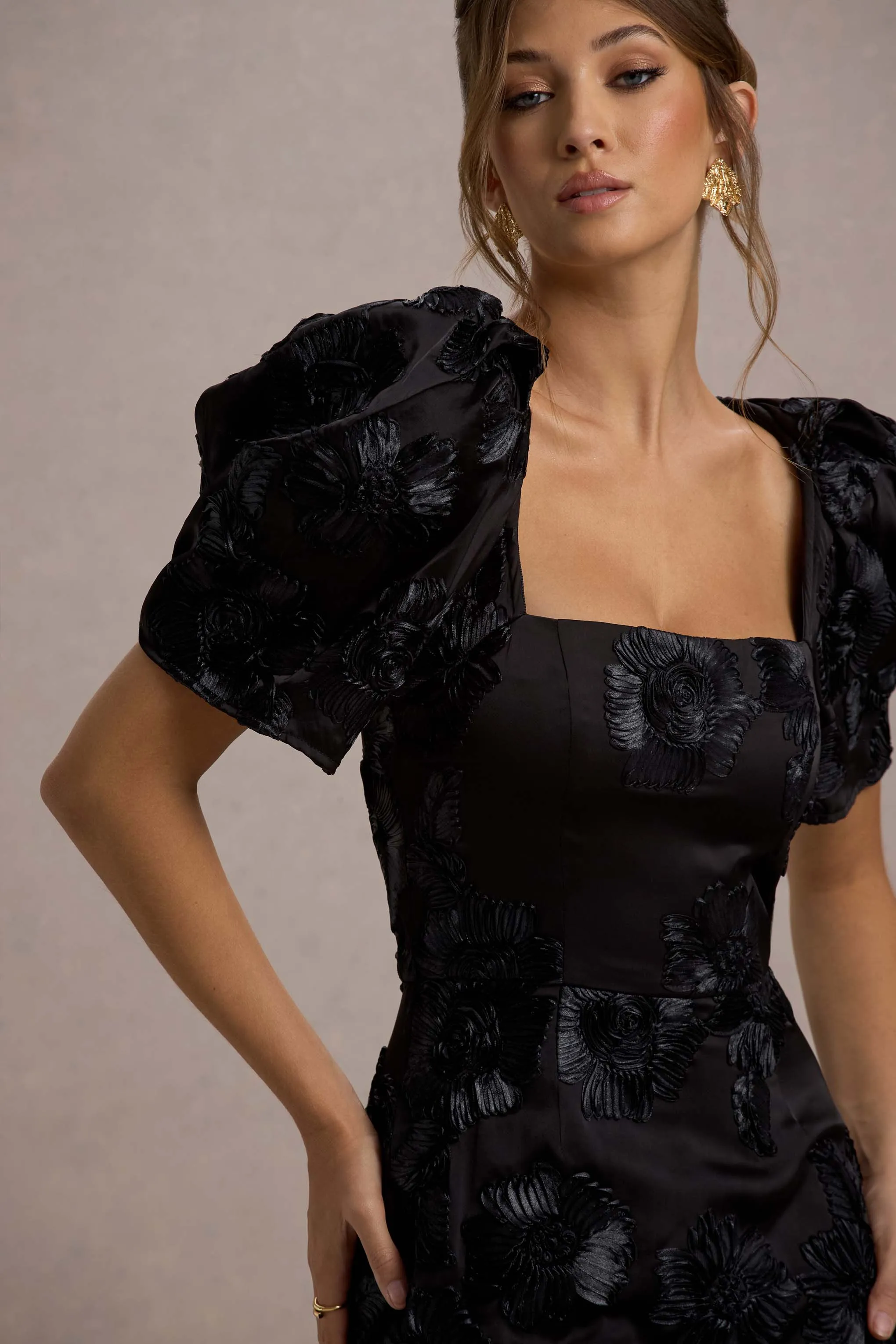 Marilla | Black Mesh Floral Square-Neck Puff-Sleeve Maxi Dress sold by Club L London product image thumbnail 5