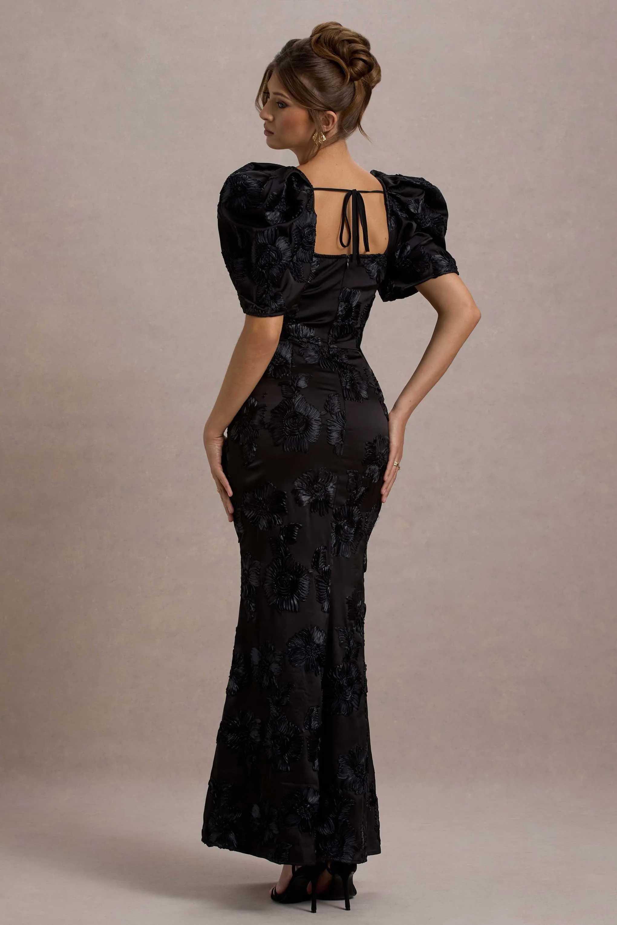 Marilla | Black Mesh Floral Square-Neck Puff-Sleeve Maxi Dress sold by Club L London product image thumbnail 2