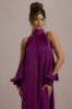 Baila | Mulberry Satin High-Neck Cape-Sleeve Maxi Dress sold by Club L London