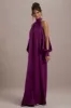 Baila | Mulberry Satin High-Neck Cape-Sleeve Maxi Dress sold by Club L London