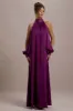 Baila | Mulberry Satin High-Neck Cape-Sleeve Maxi Dress sold by Club L London