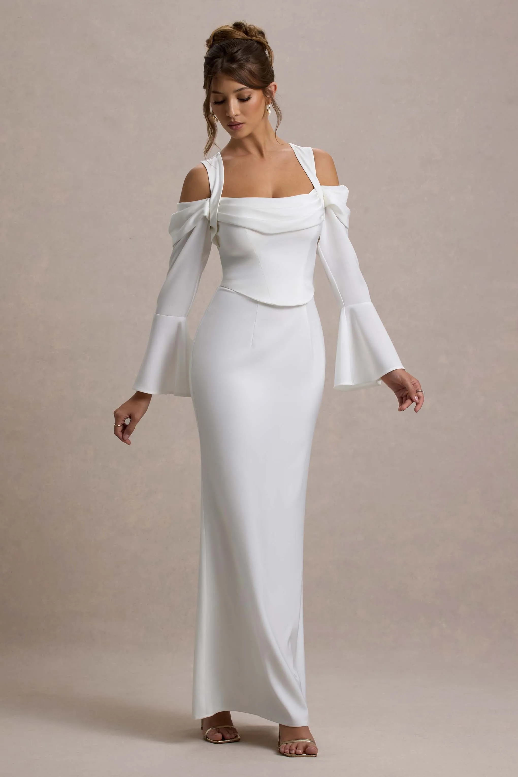 Heartthrob | Ivory Satin Draped Bardot Maxi Dress sold by Club L London product image thumbnail 4
