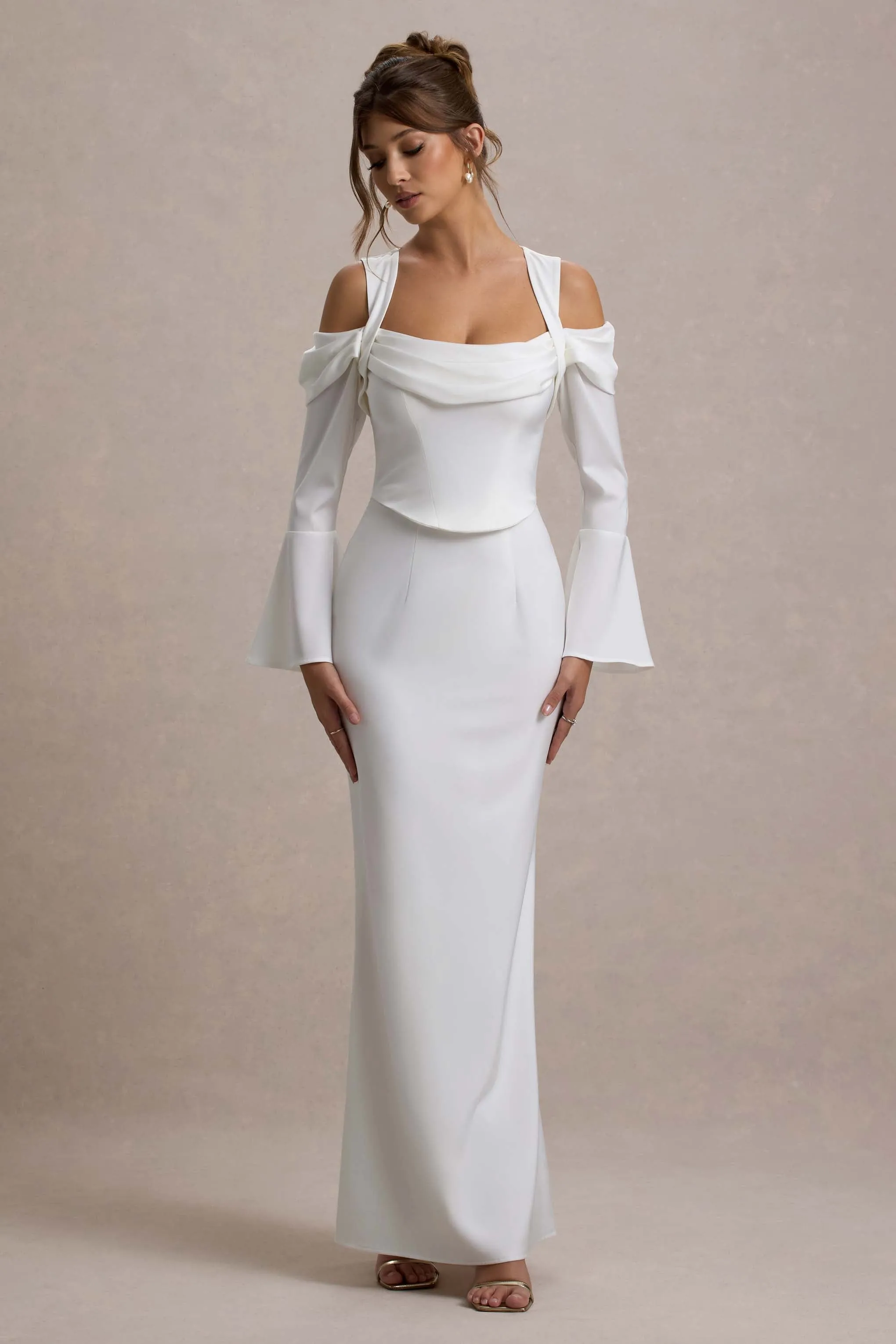 Heartthrob | Ivory Satin Draped Bardot Maxi Dress sold by Club L London